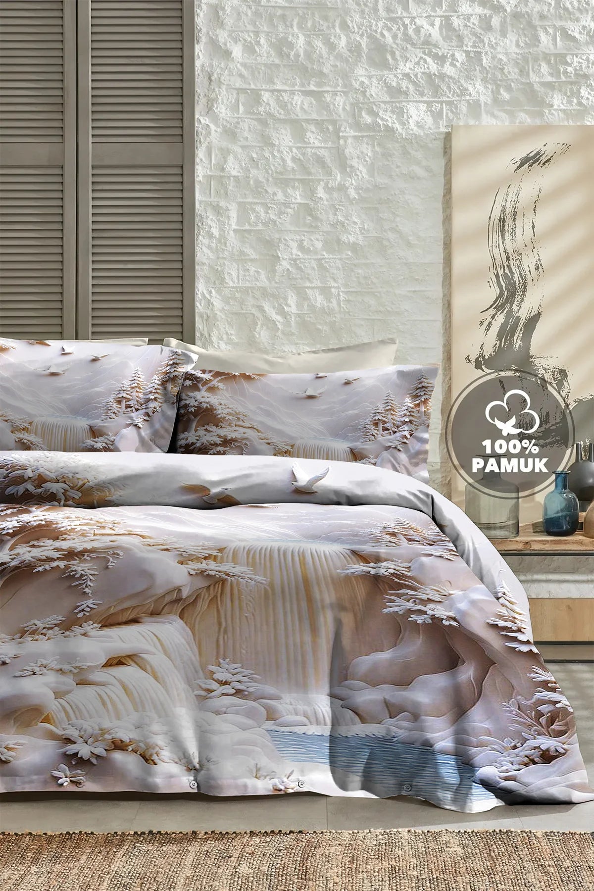 %100 PAMUK Percale Çeyizlik Luxury 5D Dijital Çift Kişilik Nevresim Takımı Waterfall