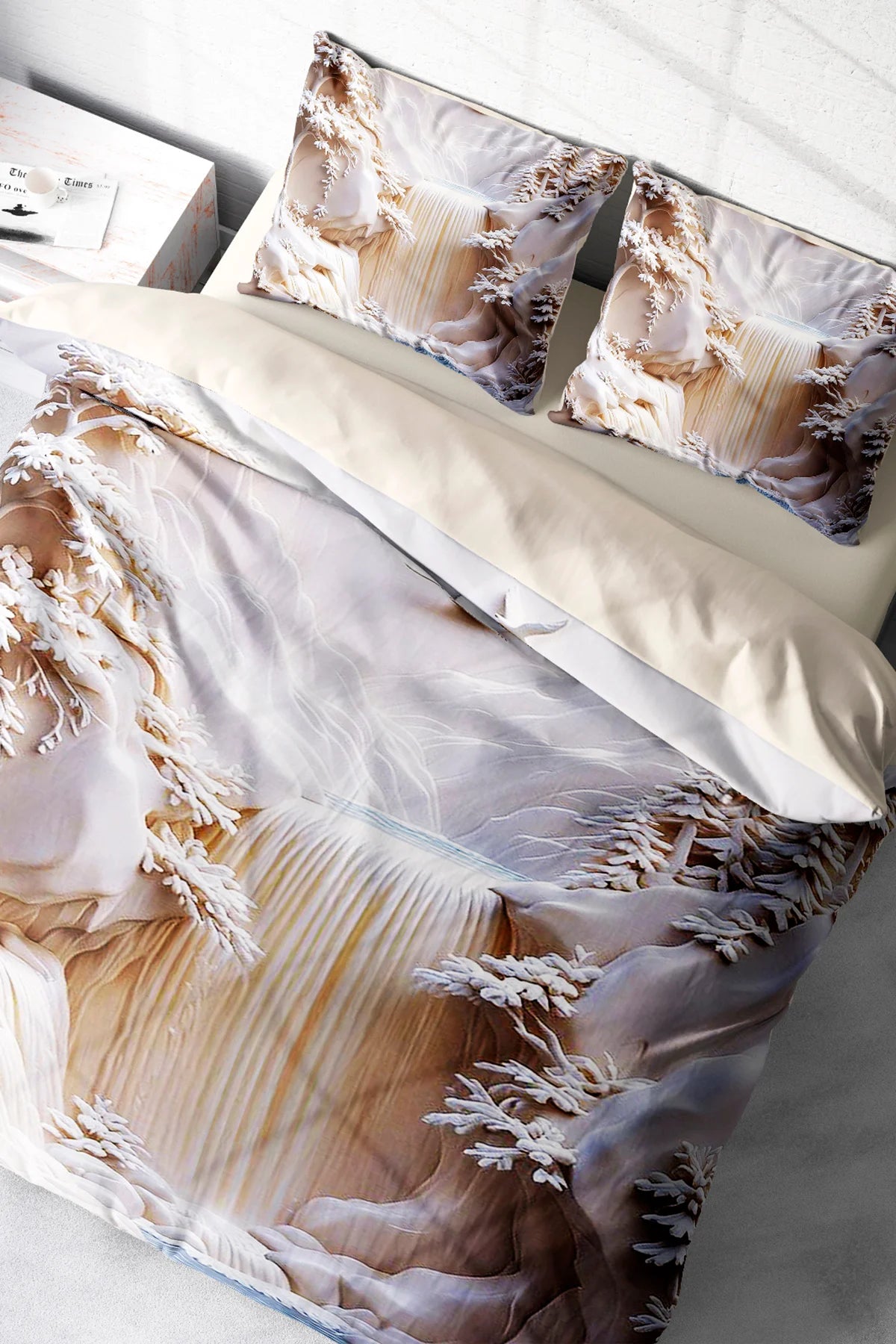 %100 PAMUK Percale Çeyizlik Luxury 5D Dijital Çift Kişilik Nevresim Takımı Waterfall