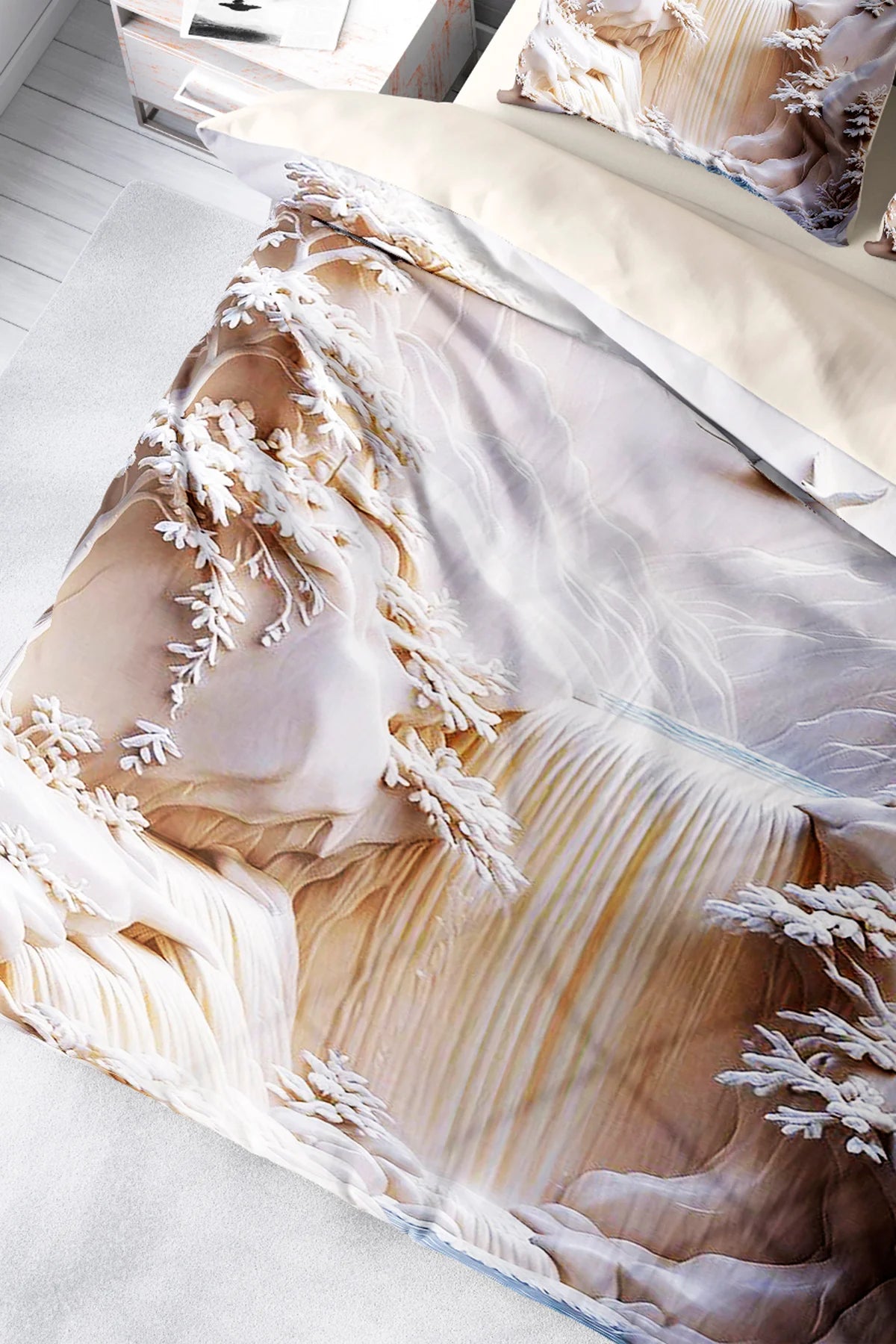 %100 PAMUK Percale Çeyizlik Luxury 5D Dijital Çift Kişilik Nevresim Takımı Waterfall