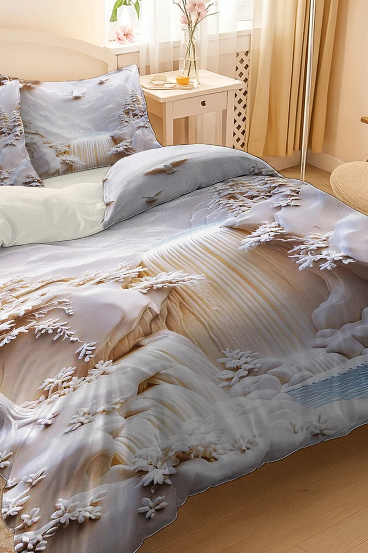 %100 PAMUK Percale Çeyizlik Luxury 5D Dijital Çift Kişilik Nevresim Takımı Waterfall