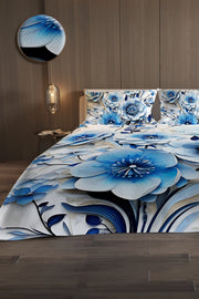 %100 Pamuk Çift Kişilik Pike Takımı Yatak Örtüsü Özel Dokuma Blue Flower
