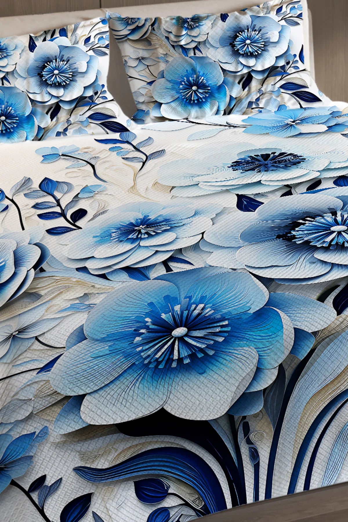 %100 Pamuk Çift Kişilik Pike Takımı Yatak Örtüsü Özel Dokuma Blue Flower