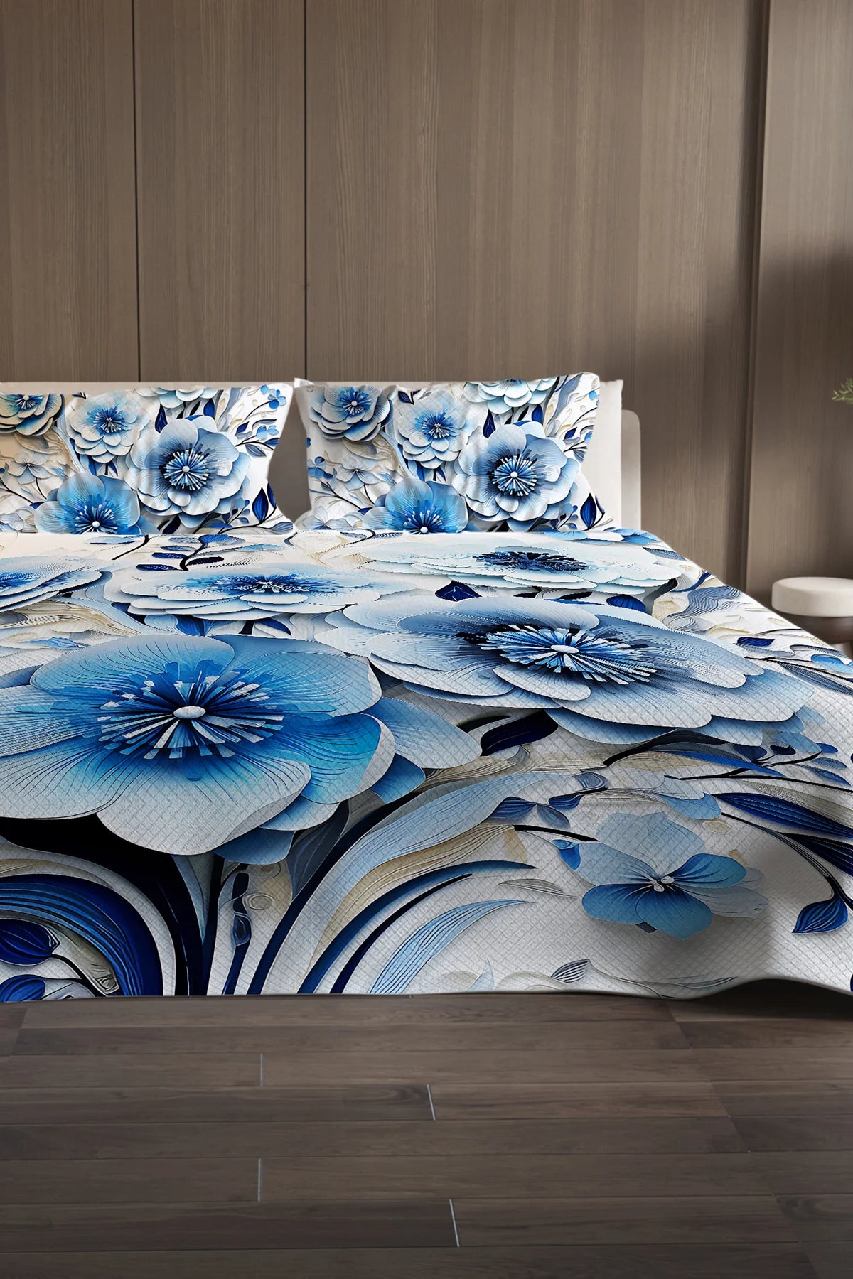 %100 Pamuk Çift Kişilik Pike Takımı Yatak Örtüsü Özel Dokuma Blue Flower