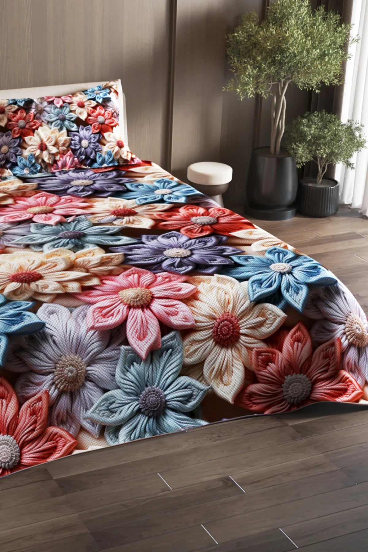 %100 Pamuk Çift Kişilik Pike Takımı Yatak Örtüsü Özel Dokuma Candle Motifs