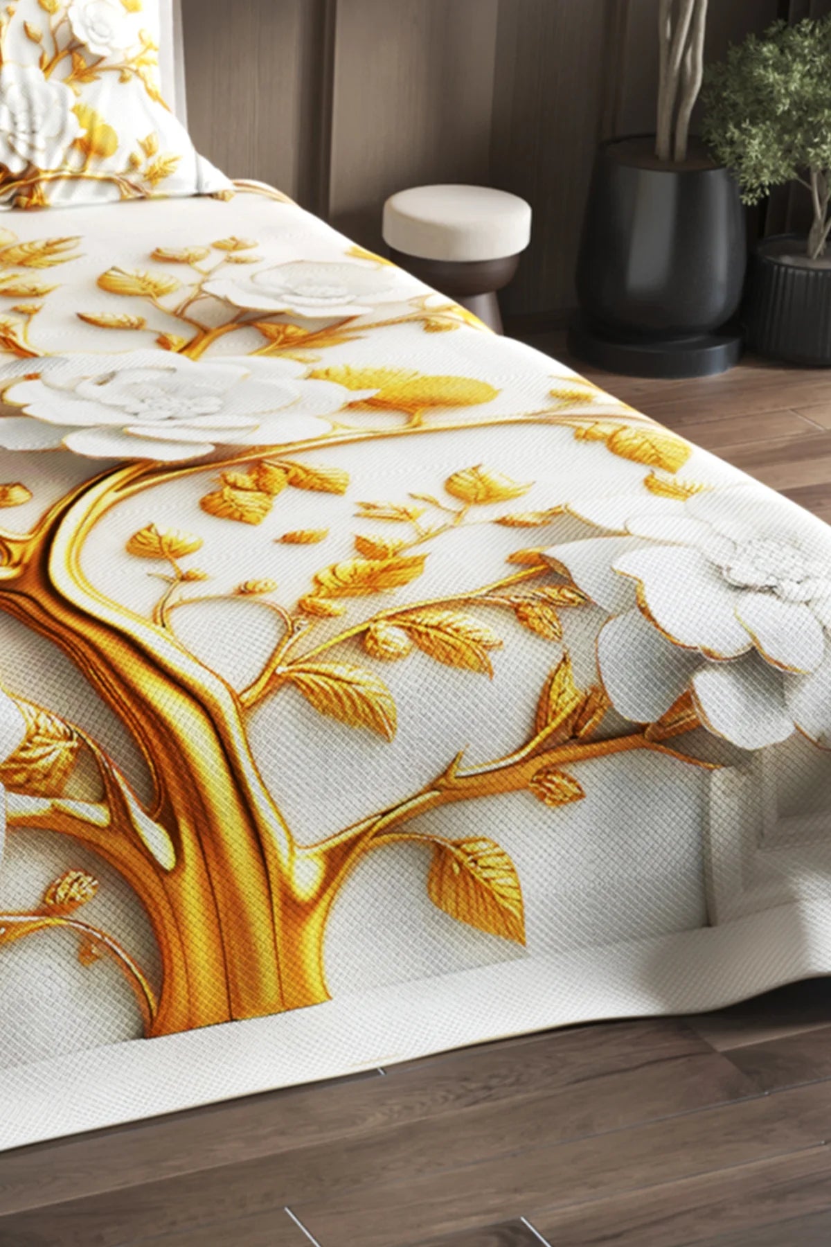 %100 Pamuk Çift Kişilik Pike Takımı Yatak Örtüsü Özel Dokuma Dore