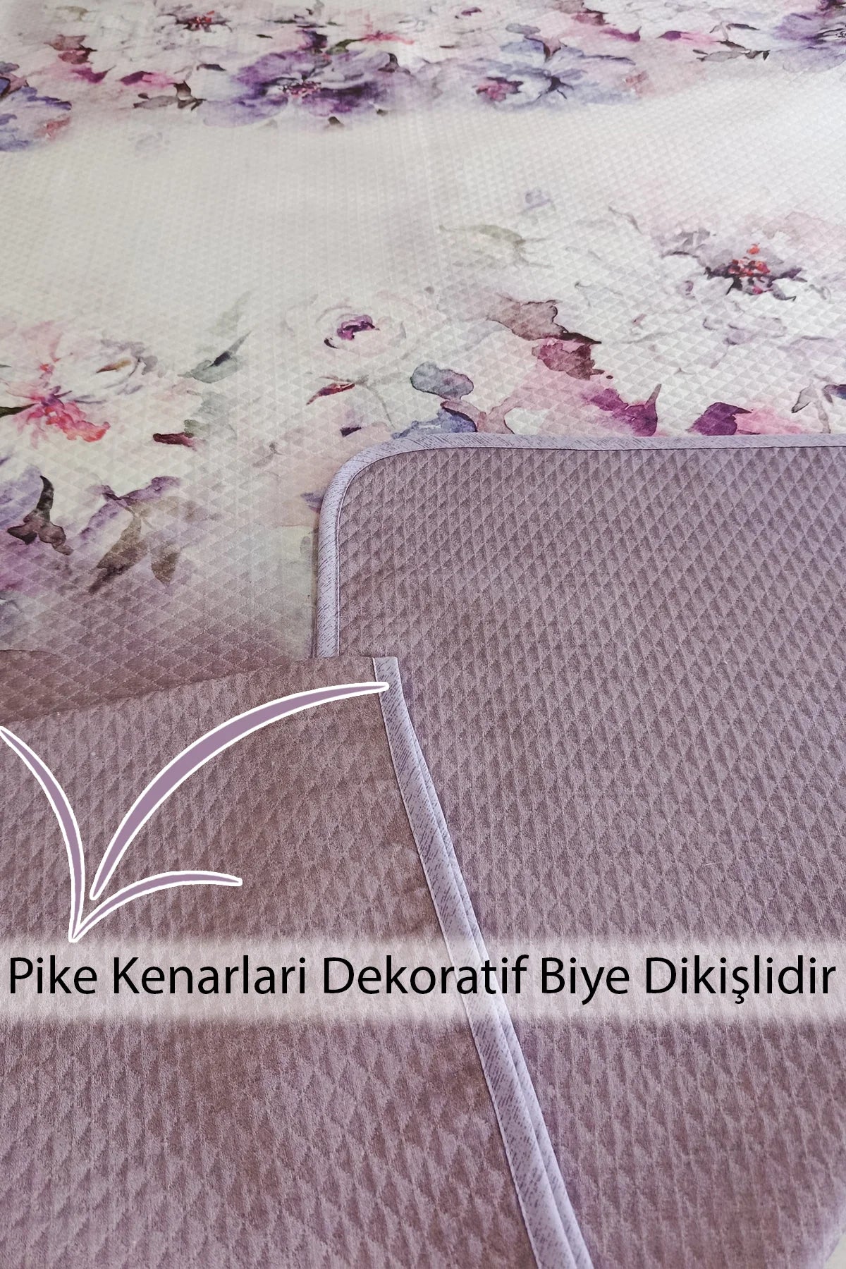 %100 Pamuk Çift Kişilik Pike Takımı Yatak Örtüsü Özel Dokuma Lila Çiçekleri