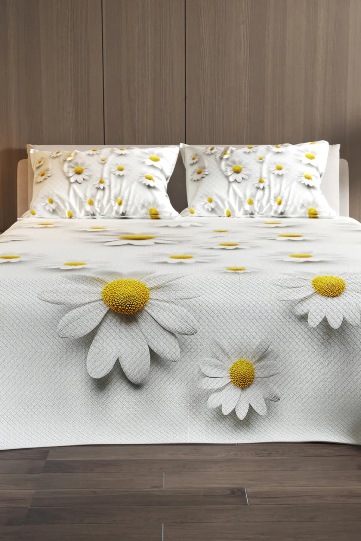 %100 Pamuk Çift Kişilik Pike Takımı Yatak Örtüsü Özel Dokuma Papatya