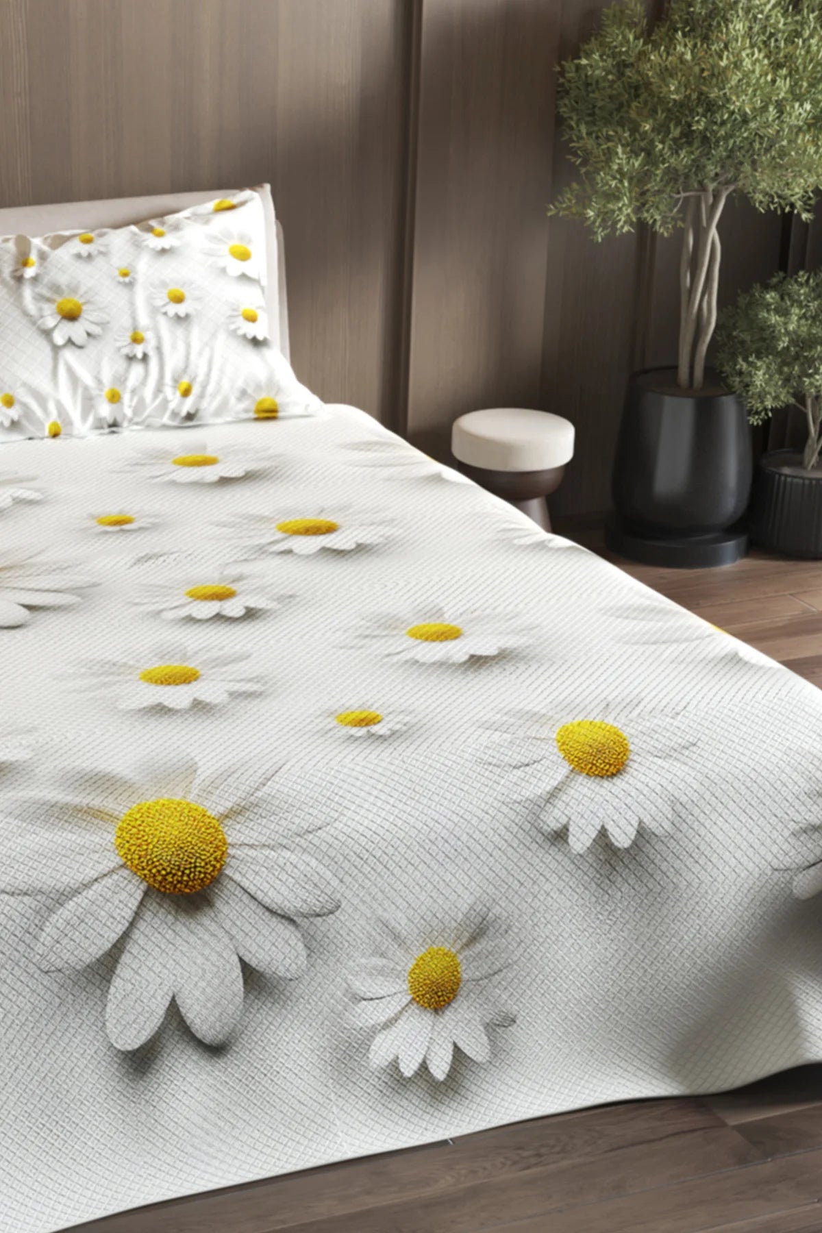 %100 Pamuk Çift Kişilik Pike Takımı Yatak Örtüsü Özel Dokuma Papatya