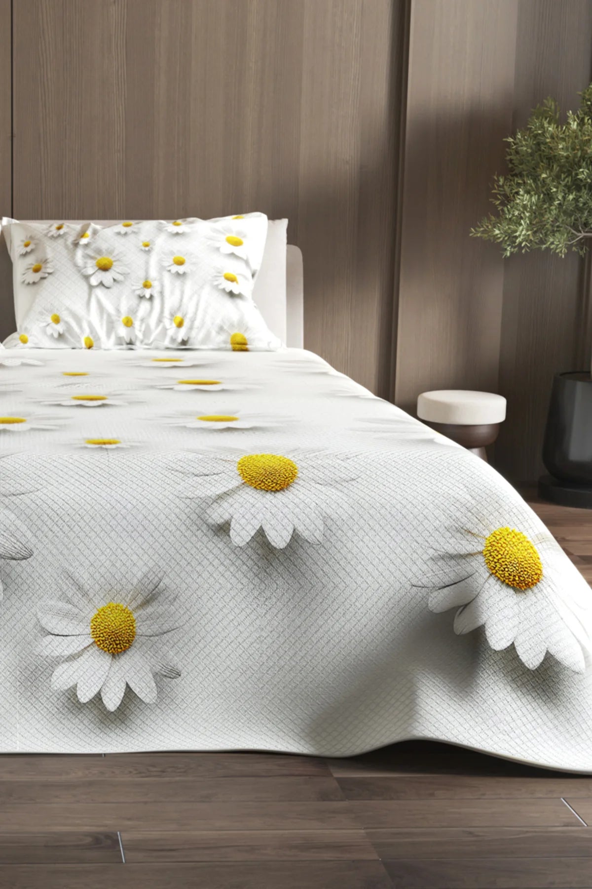 %100 Pamuk Çift Kişilik Pike Takımı Yatak Örtüsü Özel Dokuma Papatya