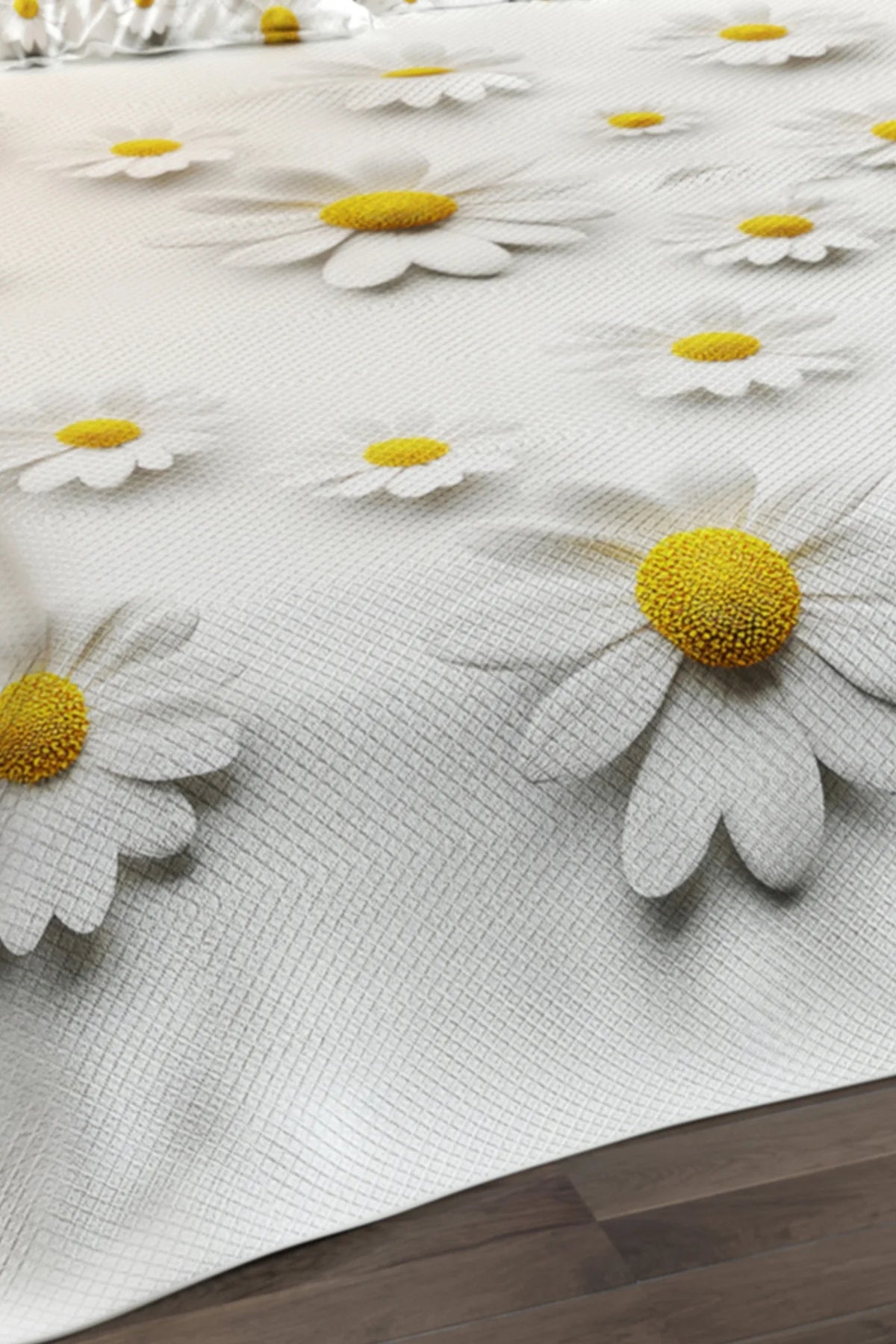 %100 Pamuk Çift Kişilik Pike Takımı Yatak Örtüsü Özel Dokuma Papatya