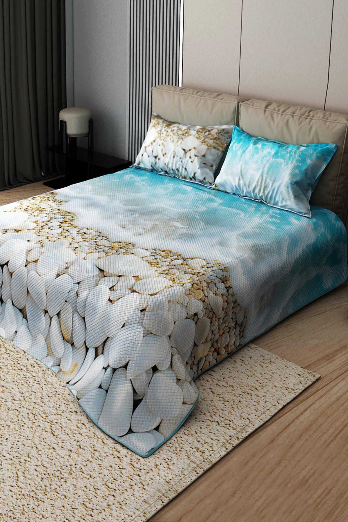 %100 Pamuk Çift Kişilik Pike Takımı Yatak Örtüsü Özel Dokuma Sahil