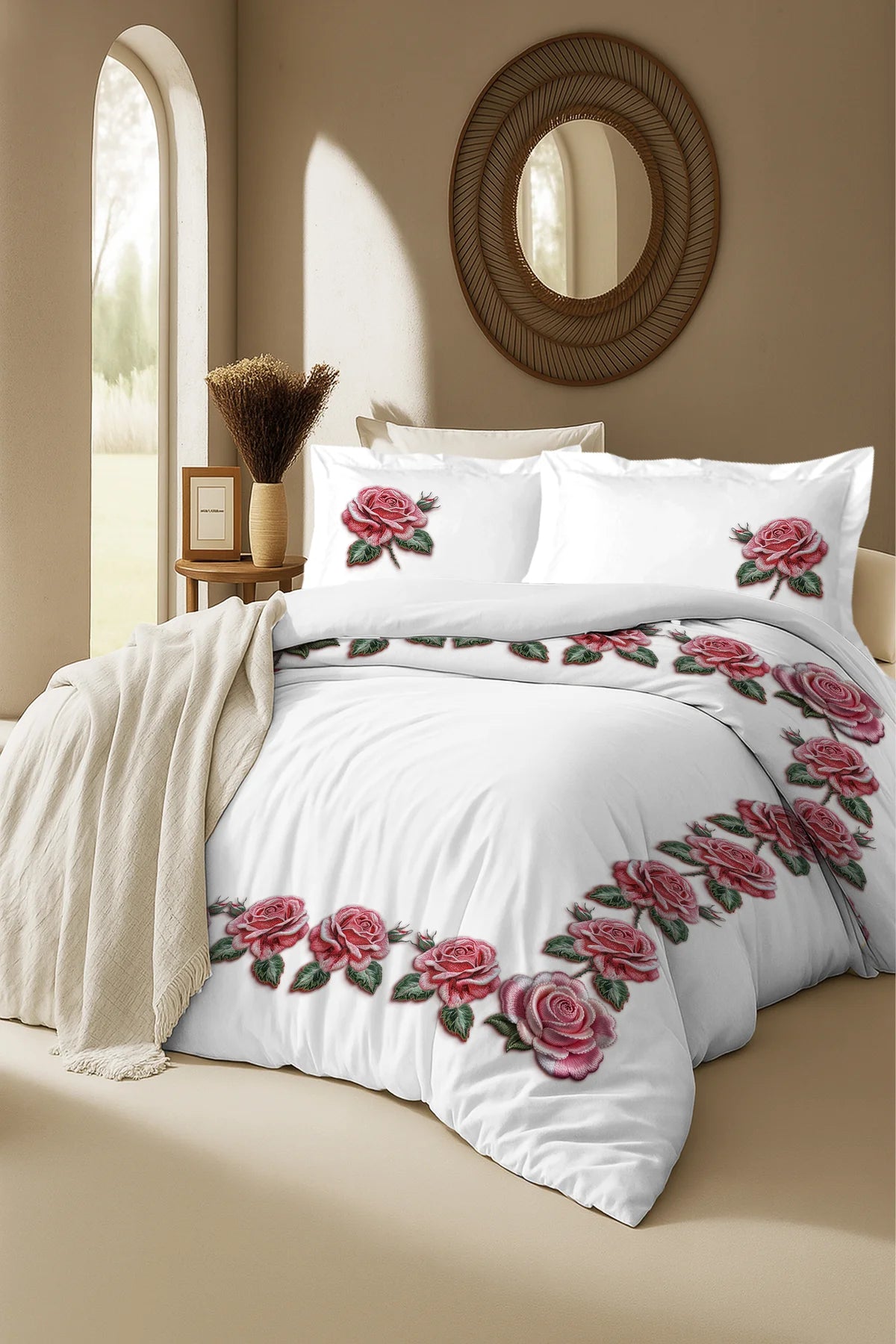 %100 Pamuk Pembe Gül Desenli Nevresim Takımı – 5D Dijital Baskı, Oeko-Tex Sertifikalı