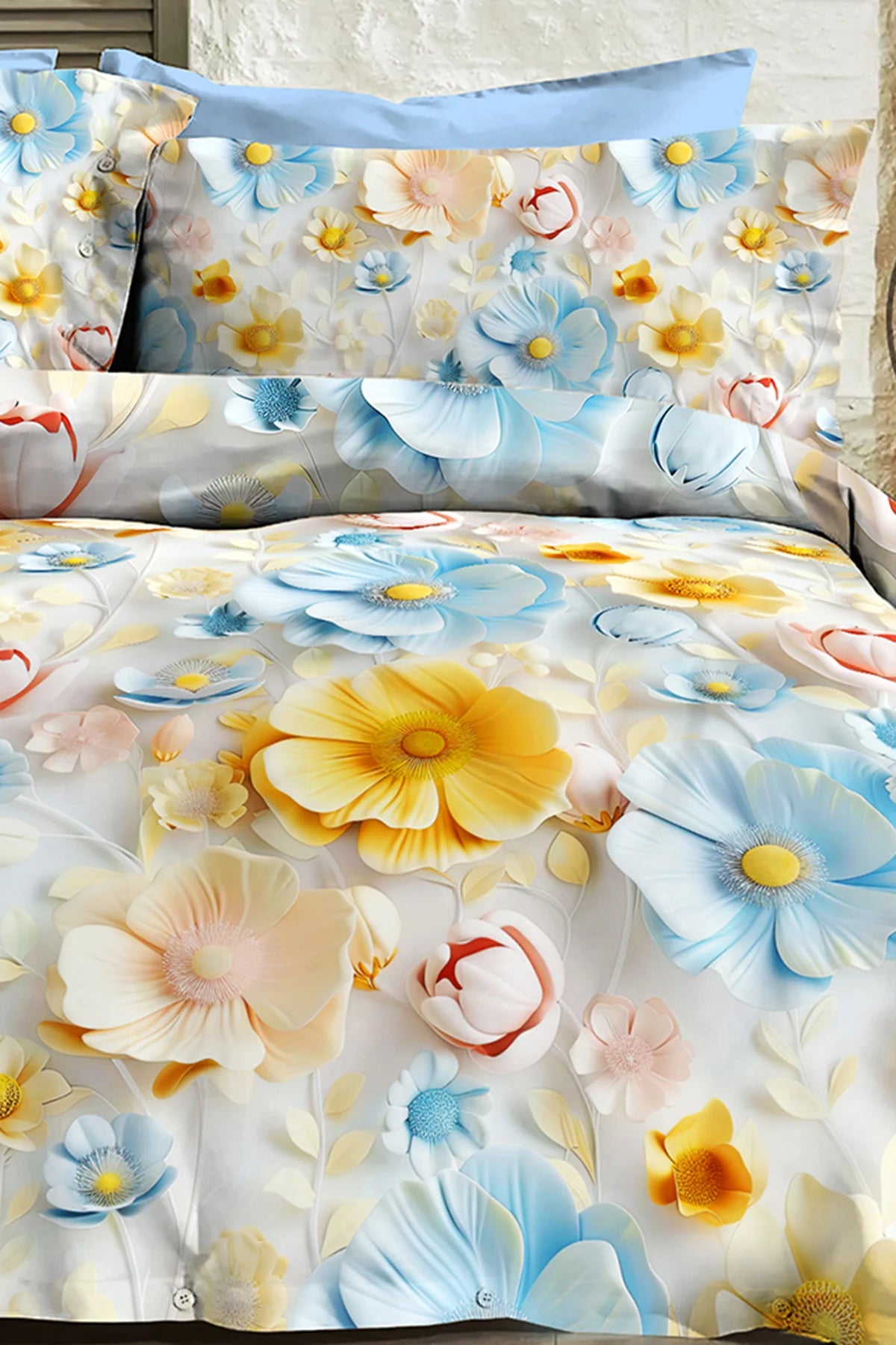 %100 Pamuk Percale Çeyizlik Luxury 5D Dijital Çift Kişilik Nevresim Takımı Bahar