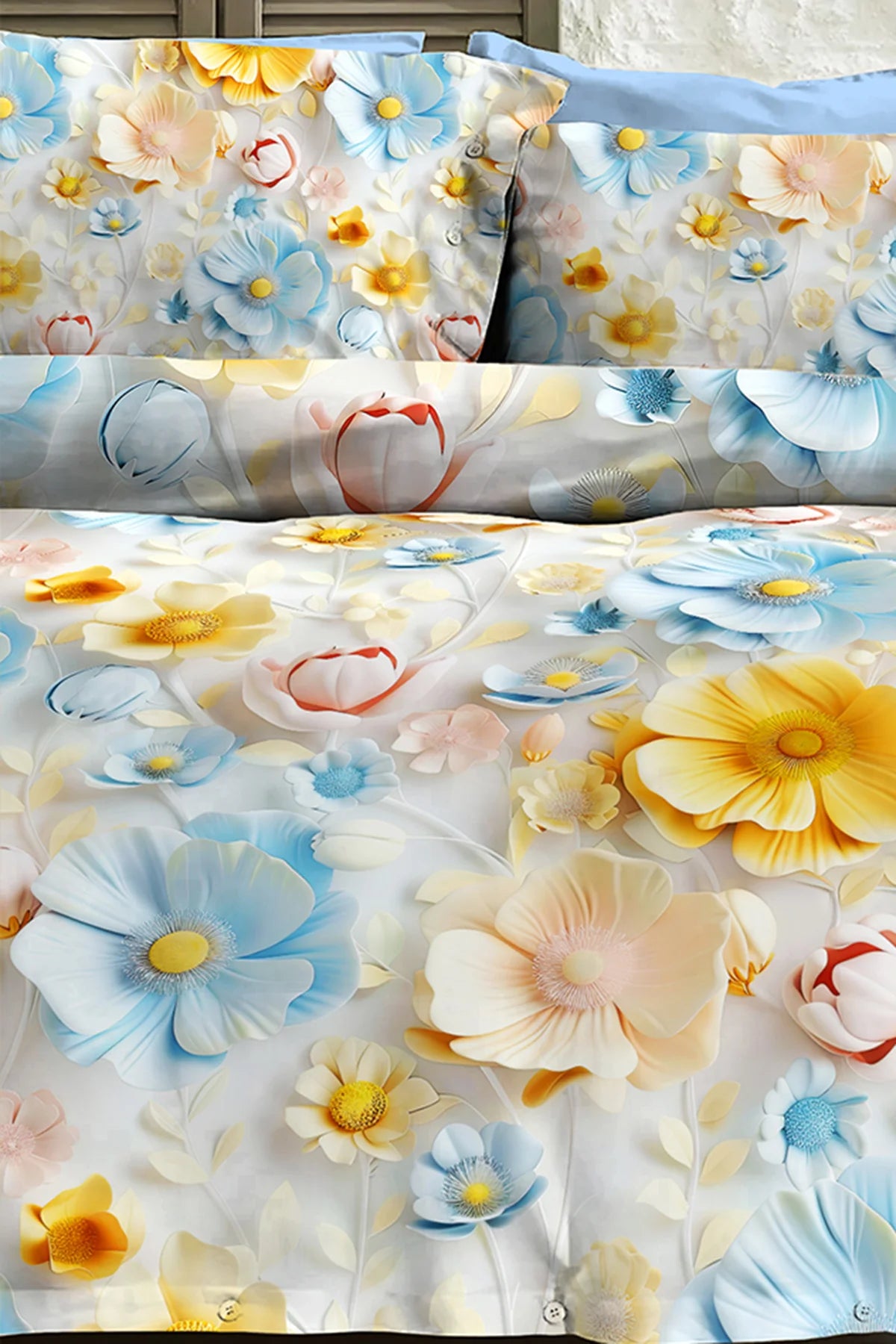 %100 Pamuk Percale Çeyizlik Luxury 5D Dijital Çift Kişilik Nevresim Takımı Bahar
