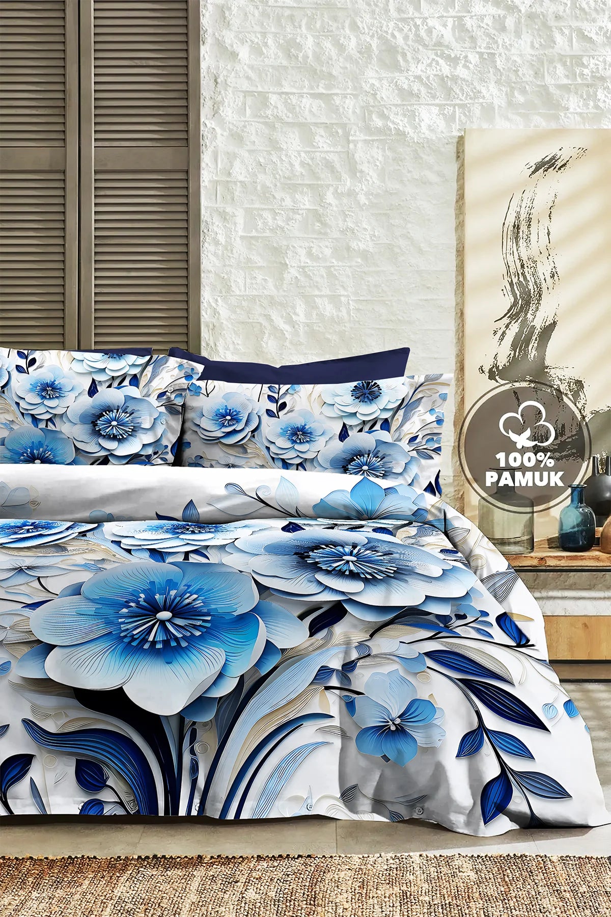 %100 Pamuk Percale Çeyizlik Luxury 5D Dijital Çift Kişilik Nevresim Takımı Blue
