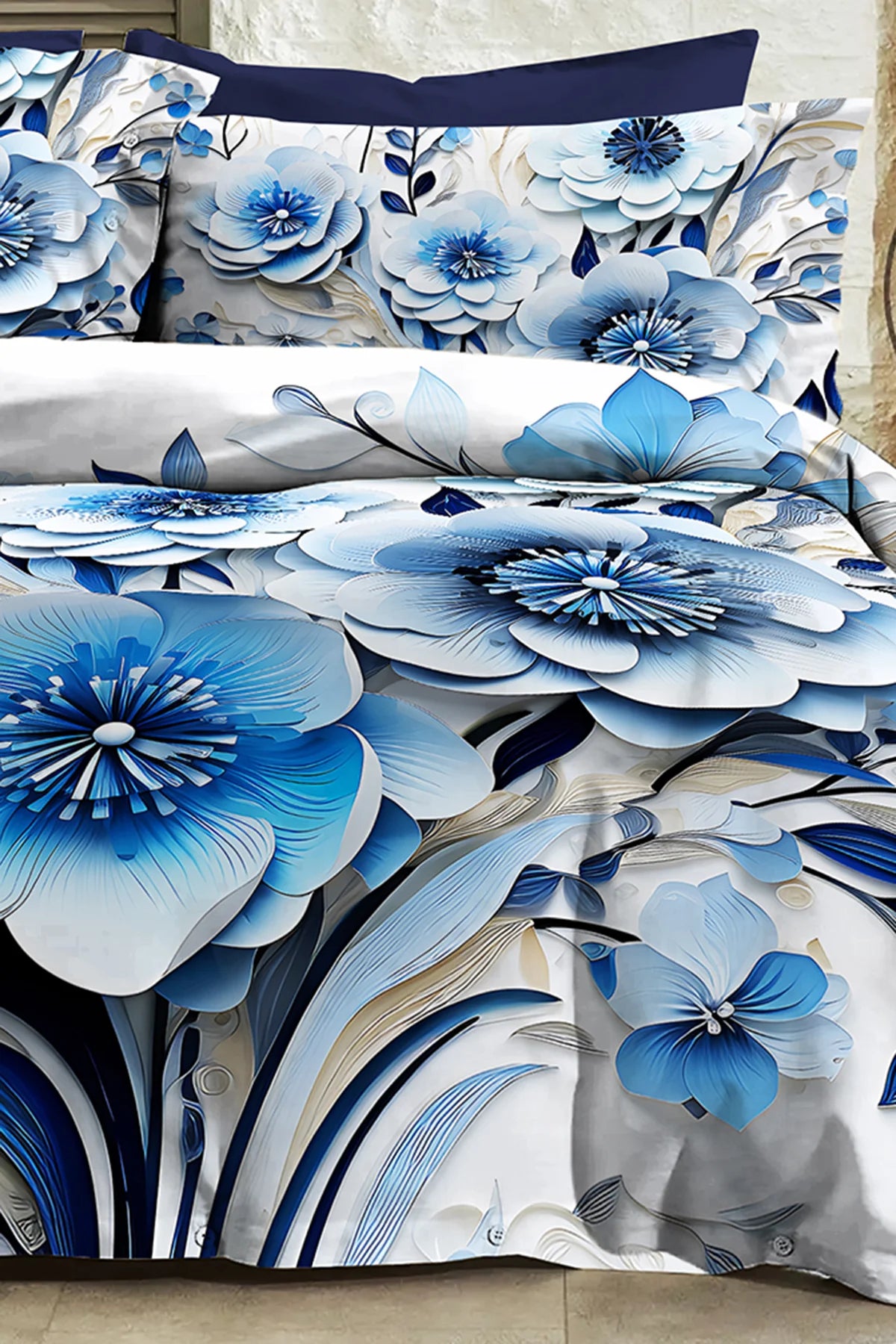 %100 Pamuk Percale Çeyizlik Luxury 5D Dijital Çift Kişilik Nevresim Takımı Blue