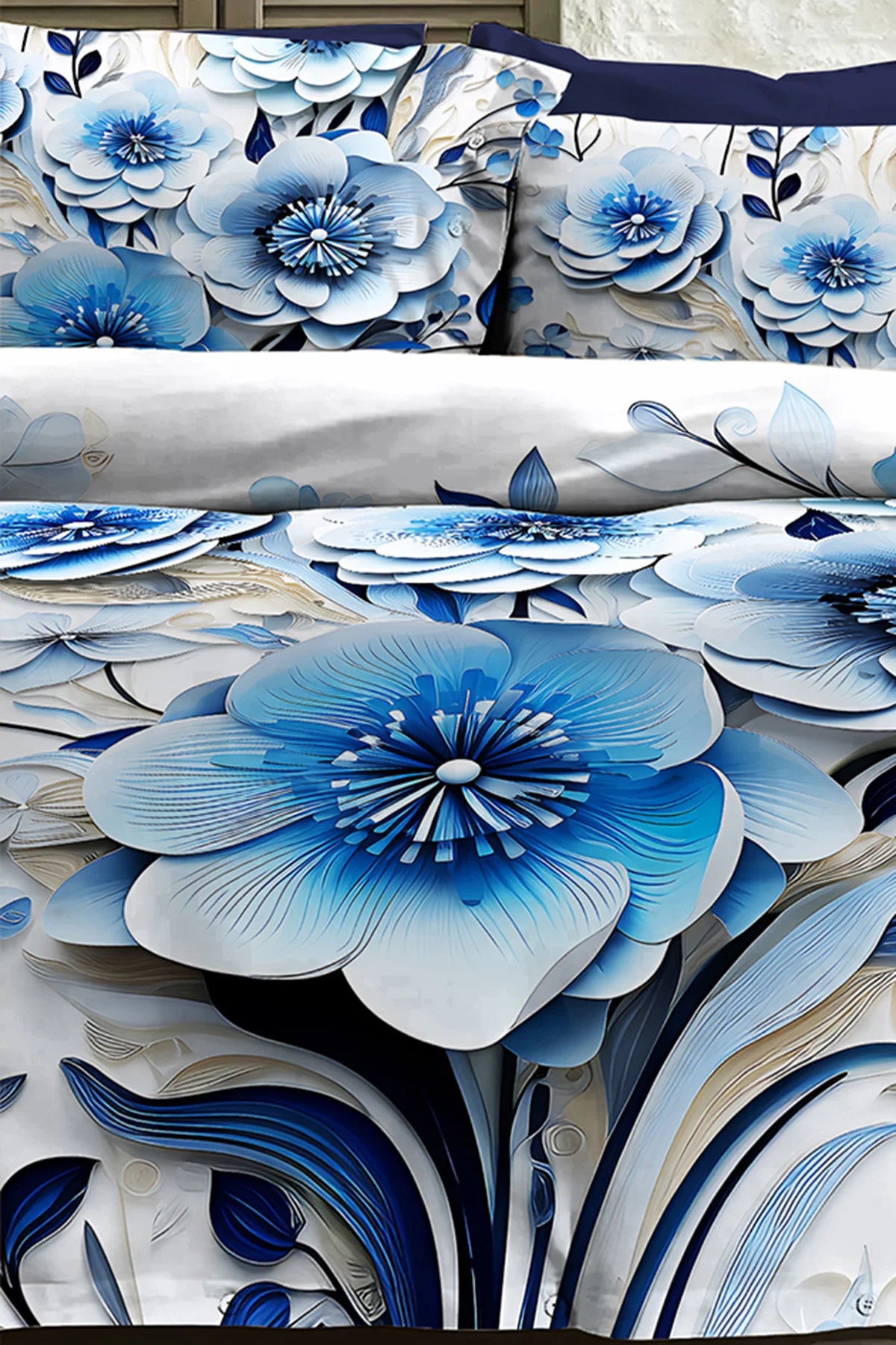 %100 Pamuk Percale Çeyizlik Luxury 5D Dijital Çift Kişilik Nevresim Takımı Blue