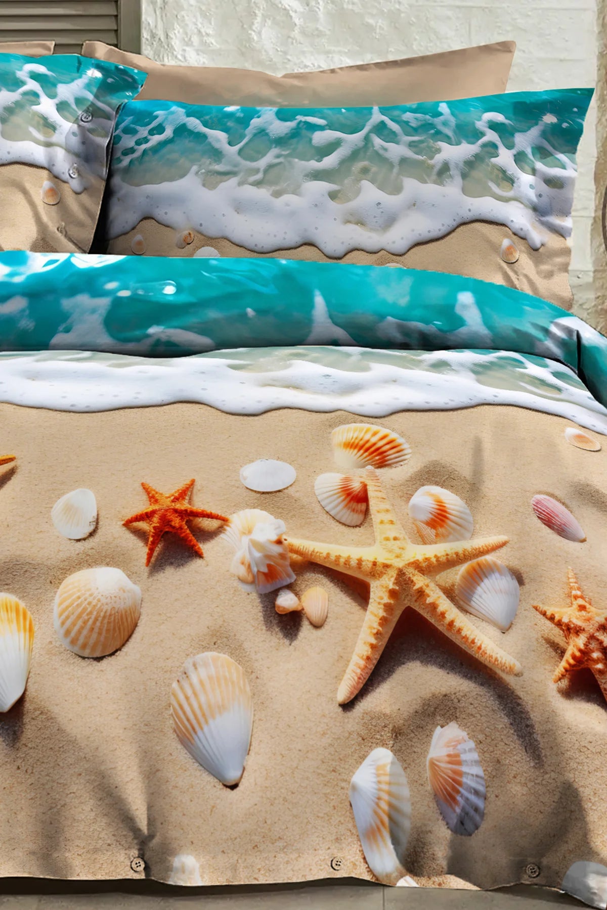 %100 Pamuk Percale Çeyizlik Luxury 5D Dijital Çift Kişilik Nevresim Takımı Deniz Yıldızları