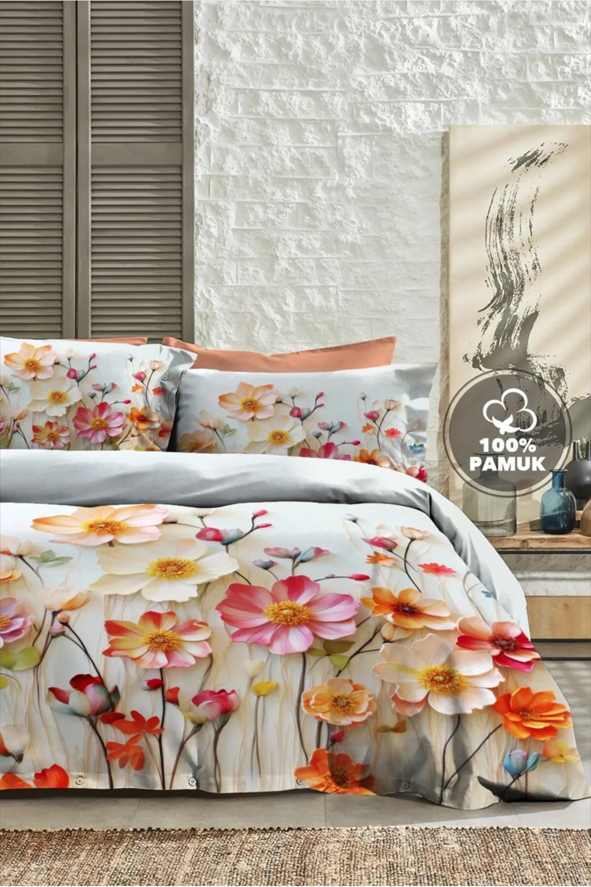 %100 Pamuk Percale Çeyizlik Luxury 5D Dijital Çift Kişilik Nevresim Takımı Flowers Of Dream