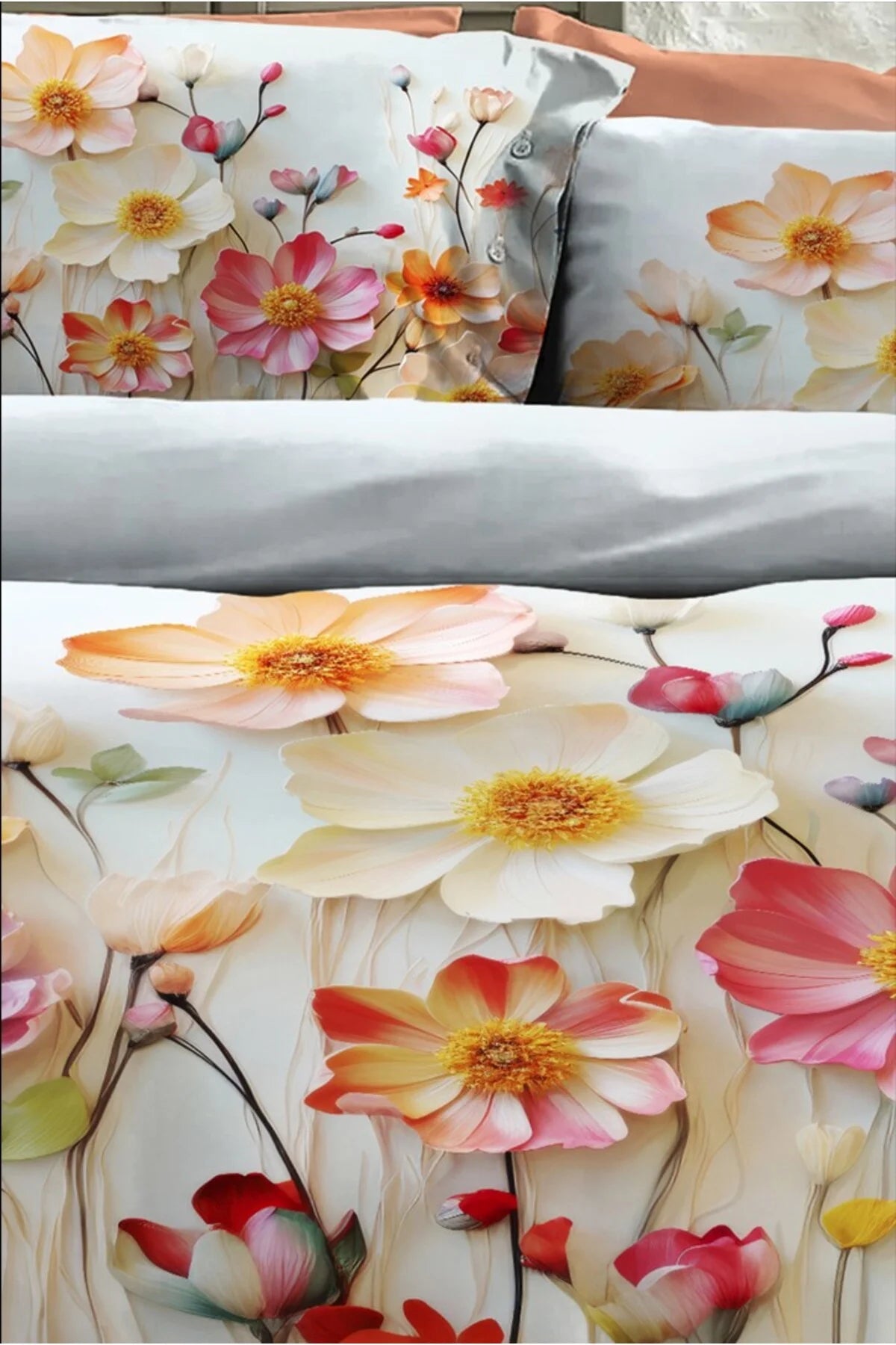 %100 Pamuk Percale Çeyizlik Luxury 5D Dijital Çift Kişilik Nevresim Takımı Flowers Of Dream