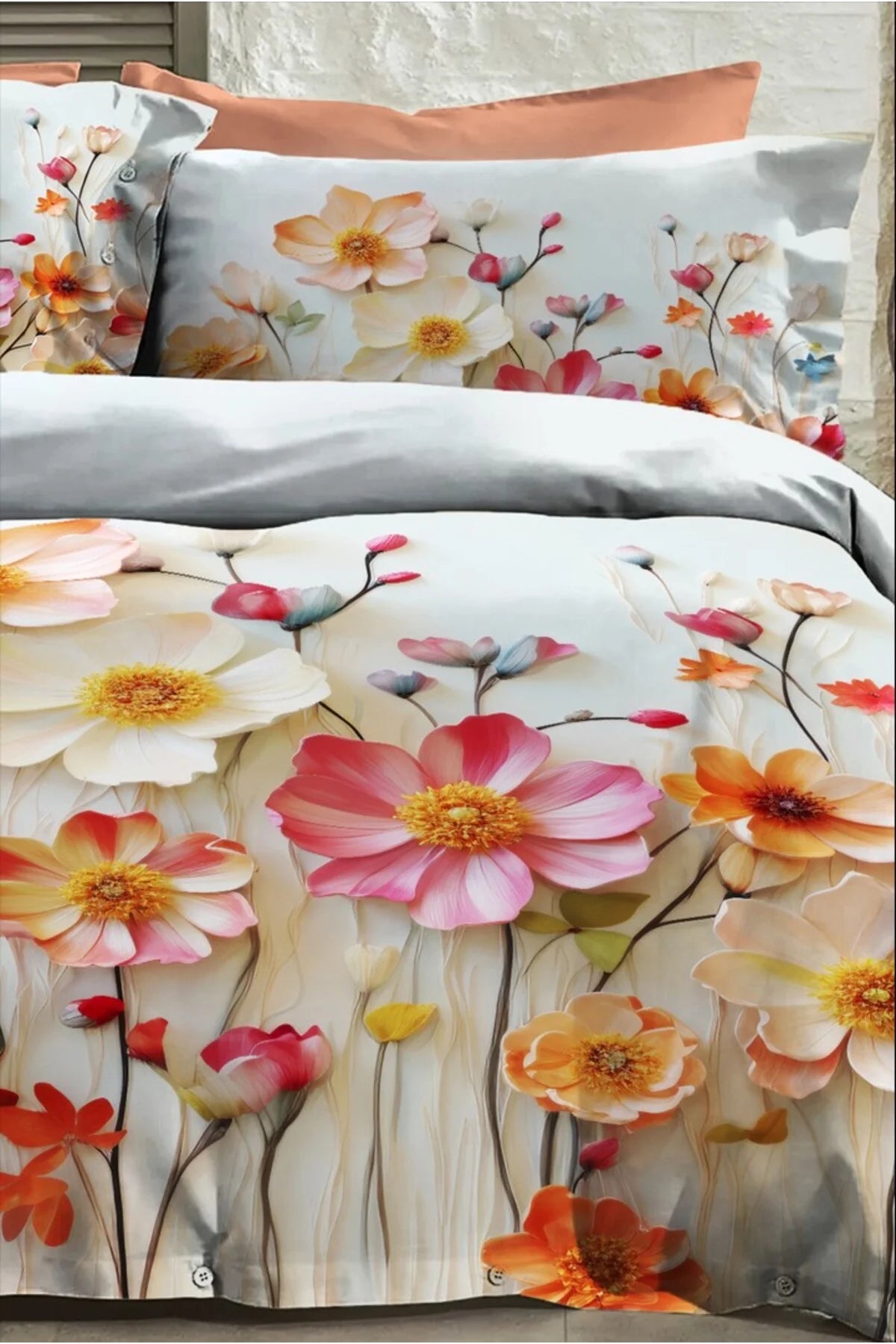 %100 Pamuk Percale Çeyizlik Luxury 5D Dijital Çift Kişilik Nevresim Takımı Flowers Of Dream