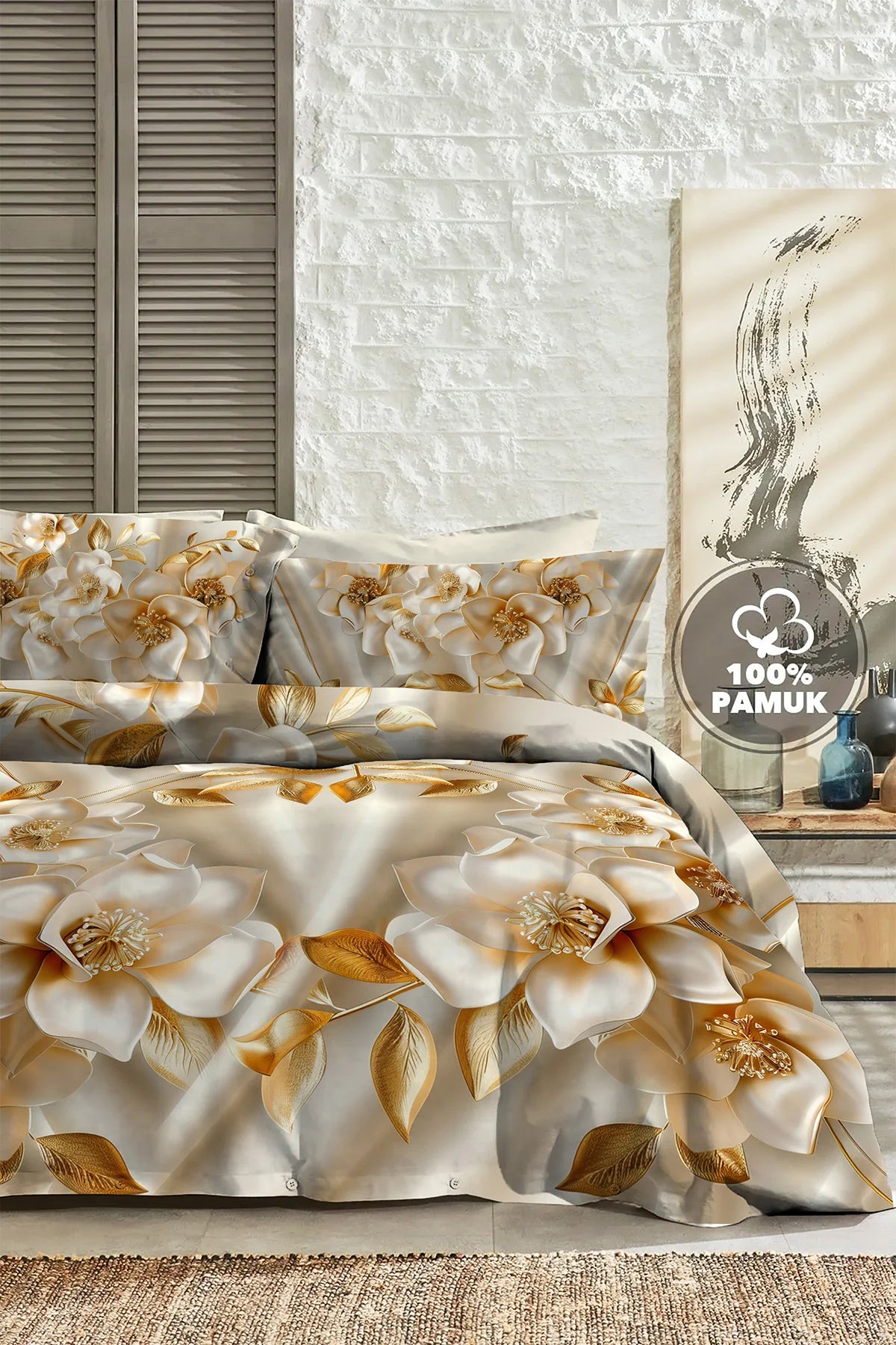 %100 Pamuk Percale Çeyizlik Luxury 5D Dijital Çift Kişilik Nevresim Takımı Gold