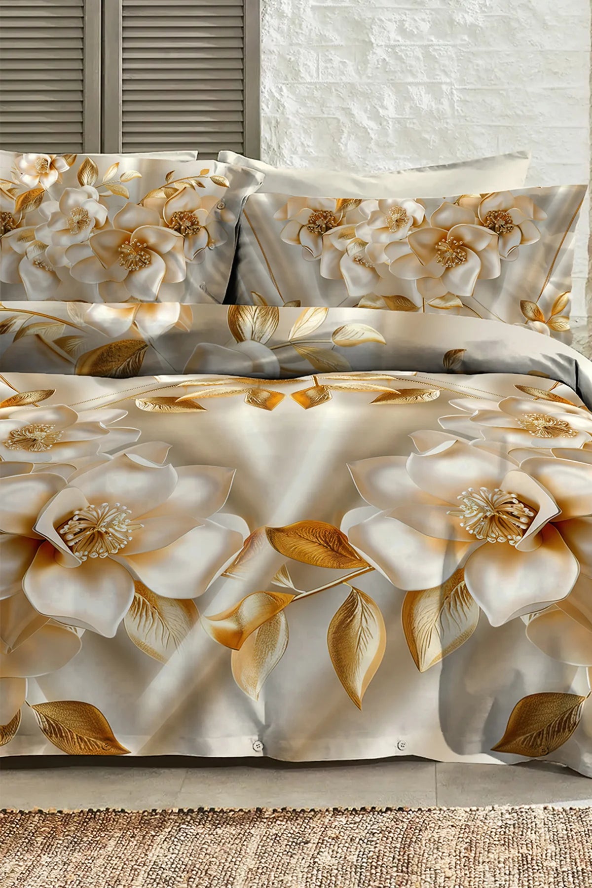 %100 Pamuk Percale Çeyizlik Luxury 5D Dijital Çift Kişilik Nevresim Takımı Gold
