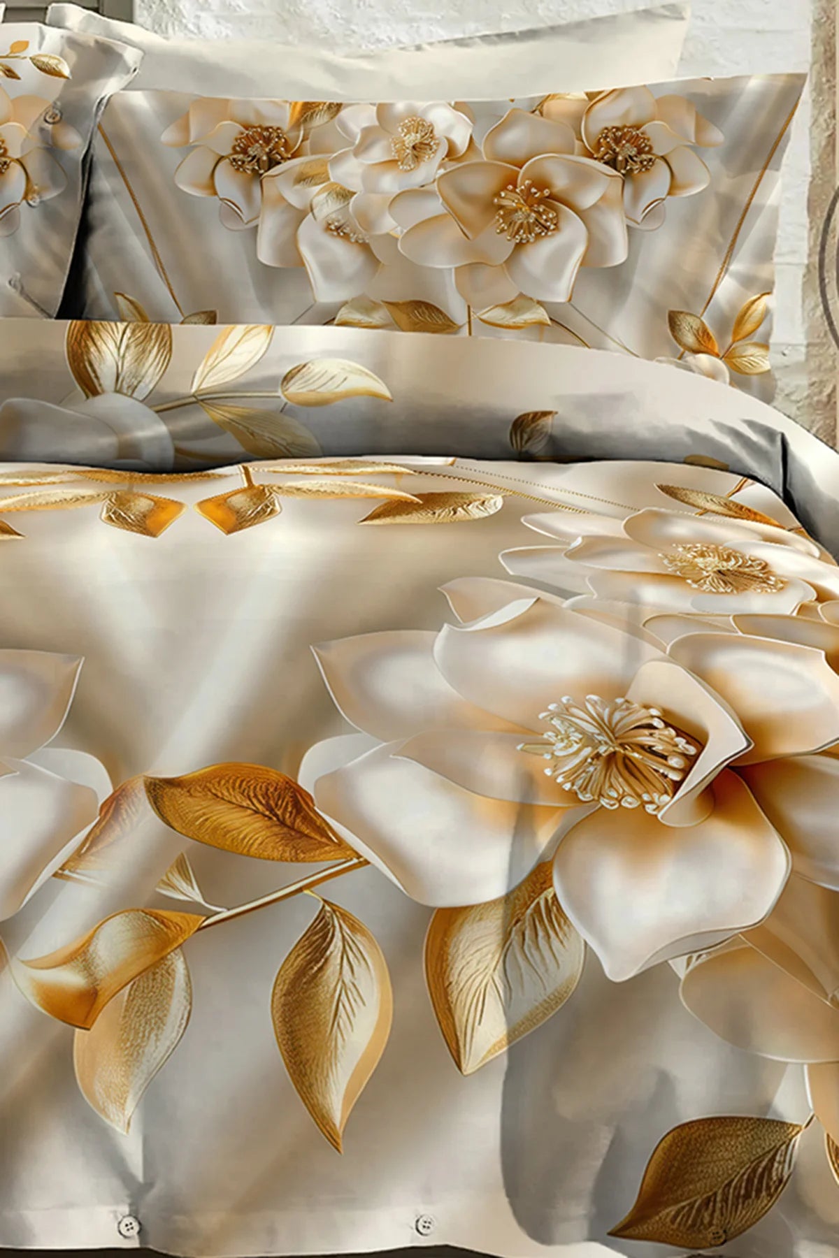 %100 Pamuk Percale Çeyizlik Luxury 5D Dijital Çift Kişilik Nevresim Takımı Gold