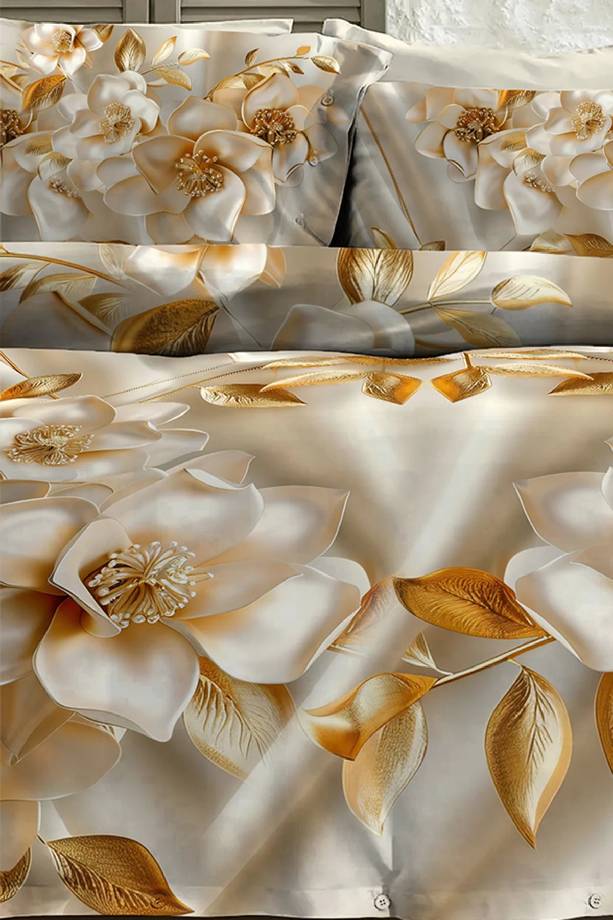 %100 Pamuk Percale Çeyizlik Luxury 5D Dijital Çift Kişilik Nevresim Takımı Gold