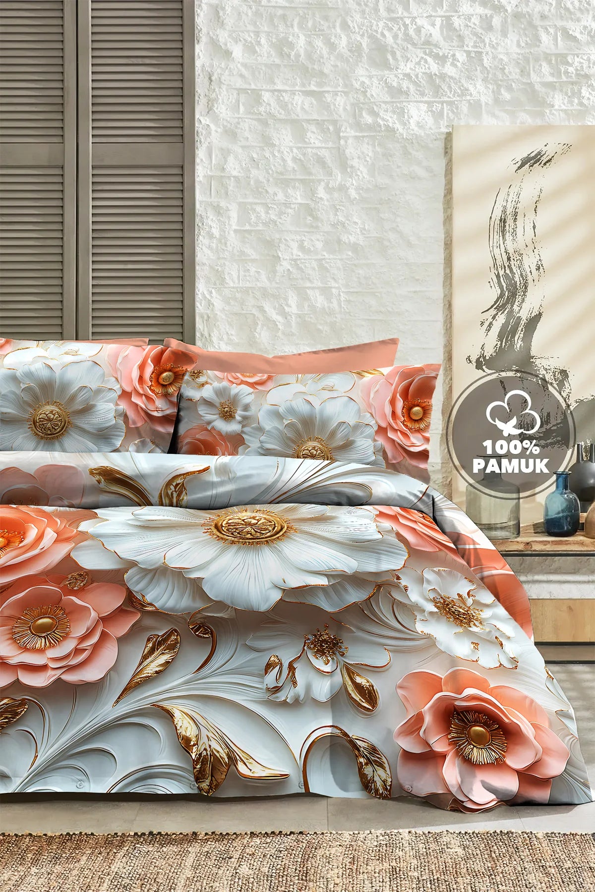 %100 Pamuk Percale Çeyizlik Luxury 5D Dijital Çift Kişilik Nevresim Takımı Gold Rose