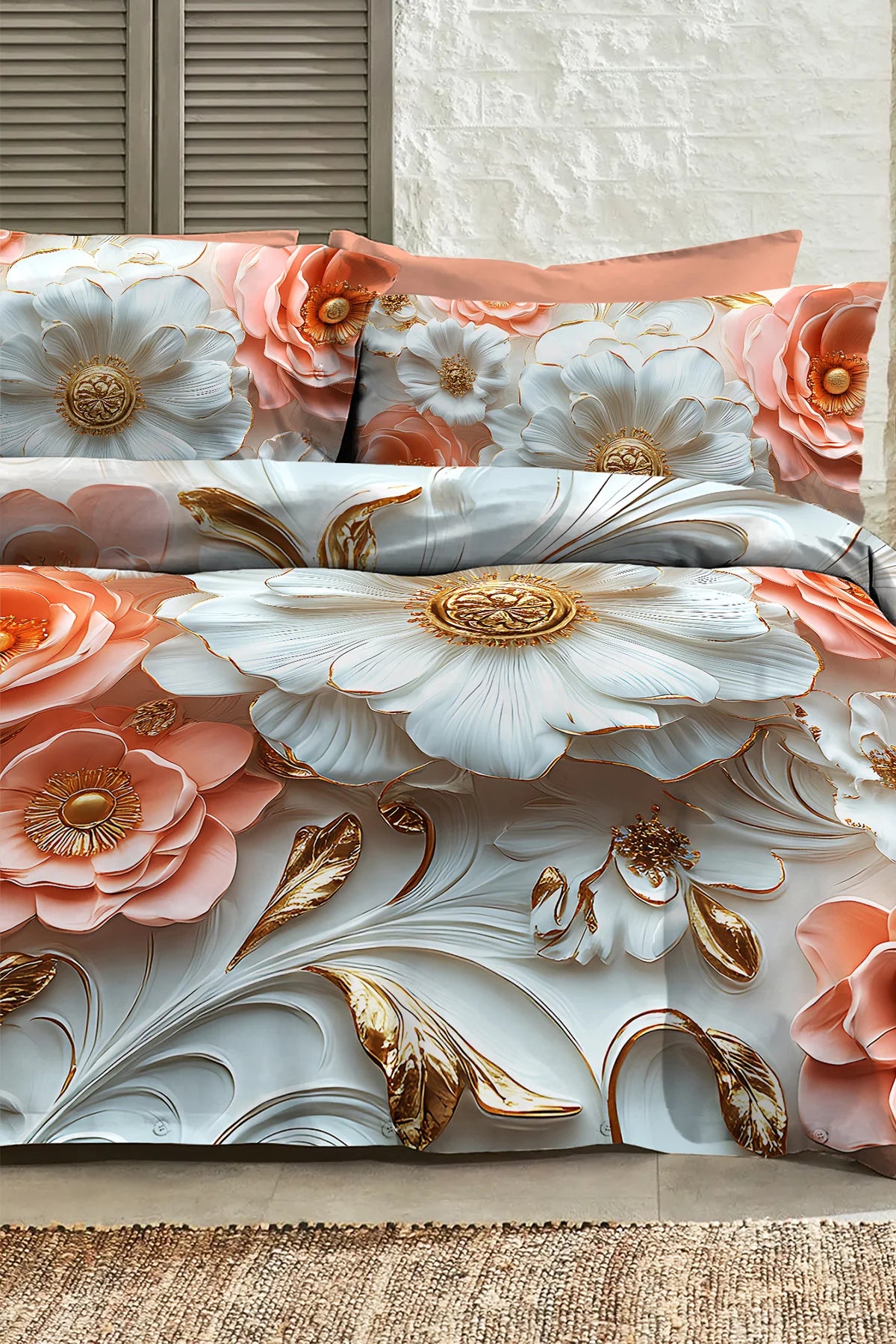 %100 Pamuk Percale Çeyizlik Luxury 5D Dijital Çift Kişilik Nevresim Takımı Gold Rose