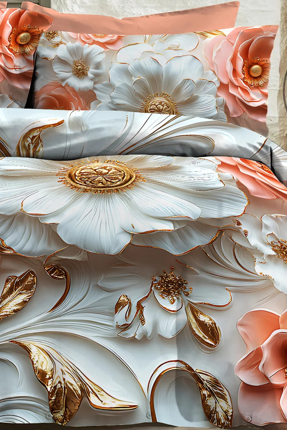 %100 Pamuk Percale Çeyizlik Luxury 5D Dijital Çift Kişilik Nevresim Takımı Gold Rose