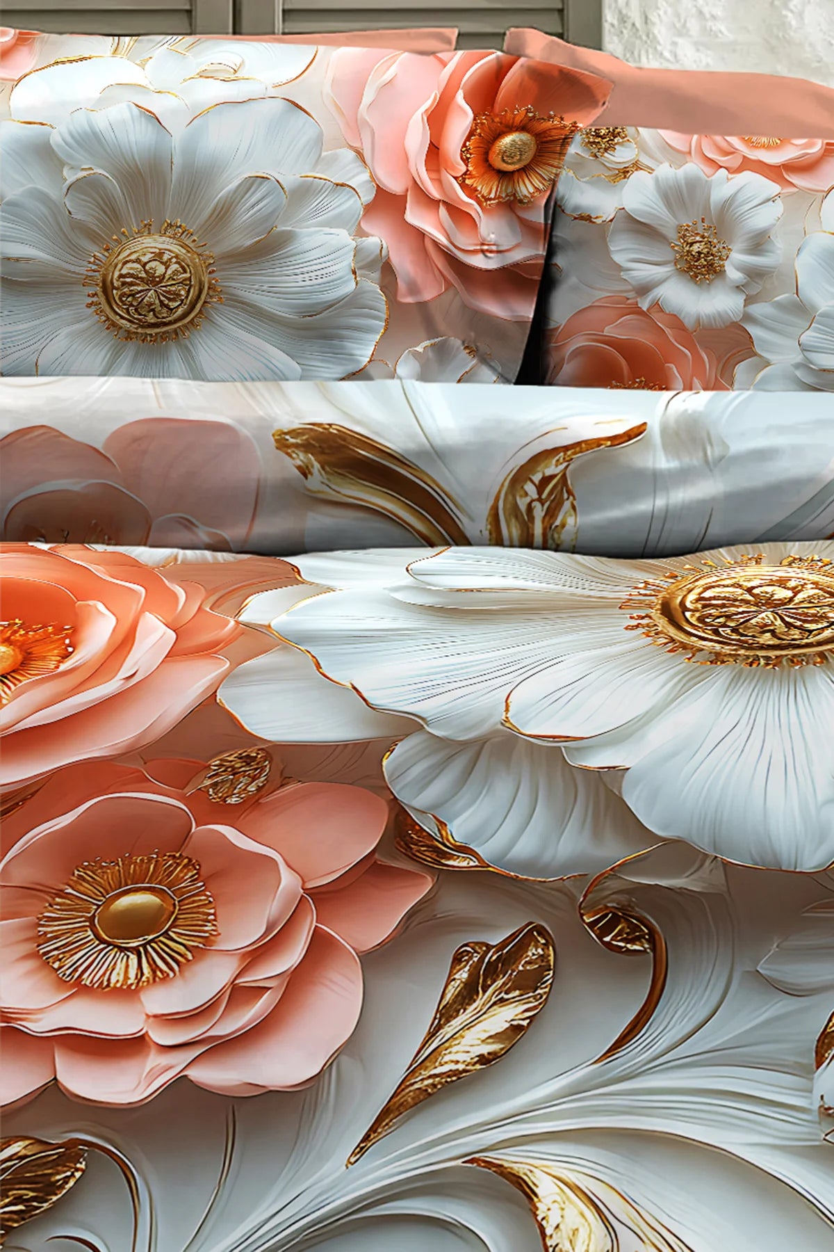 %100 Pamuk Percale Çeyizlik Luxury 5D Dijital Çift Kişilik Nevresim Takımı Gold Rose