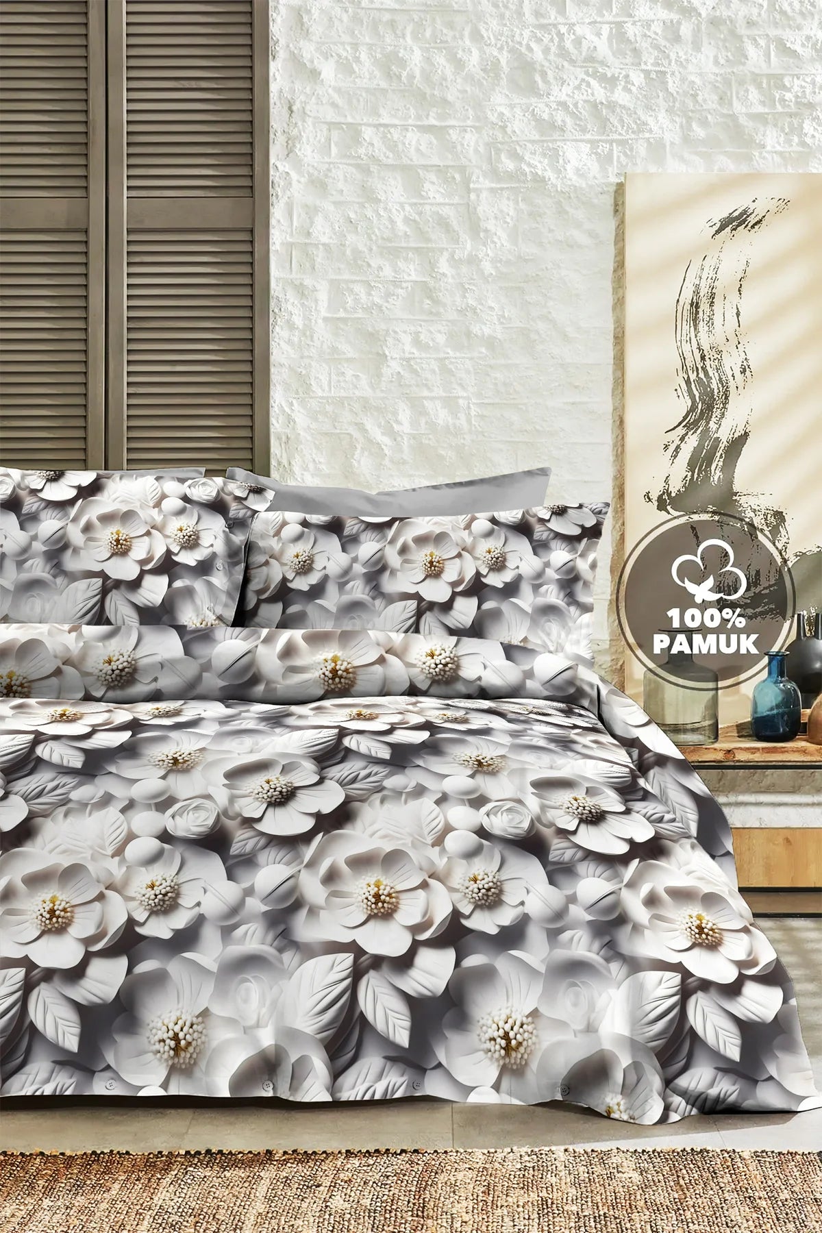 %100 Pamuk Percale Çeyizlik Luxury 5D Dijital Çift Kişilik Nevresim Takımı Gri