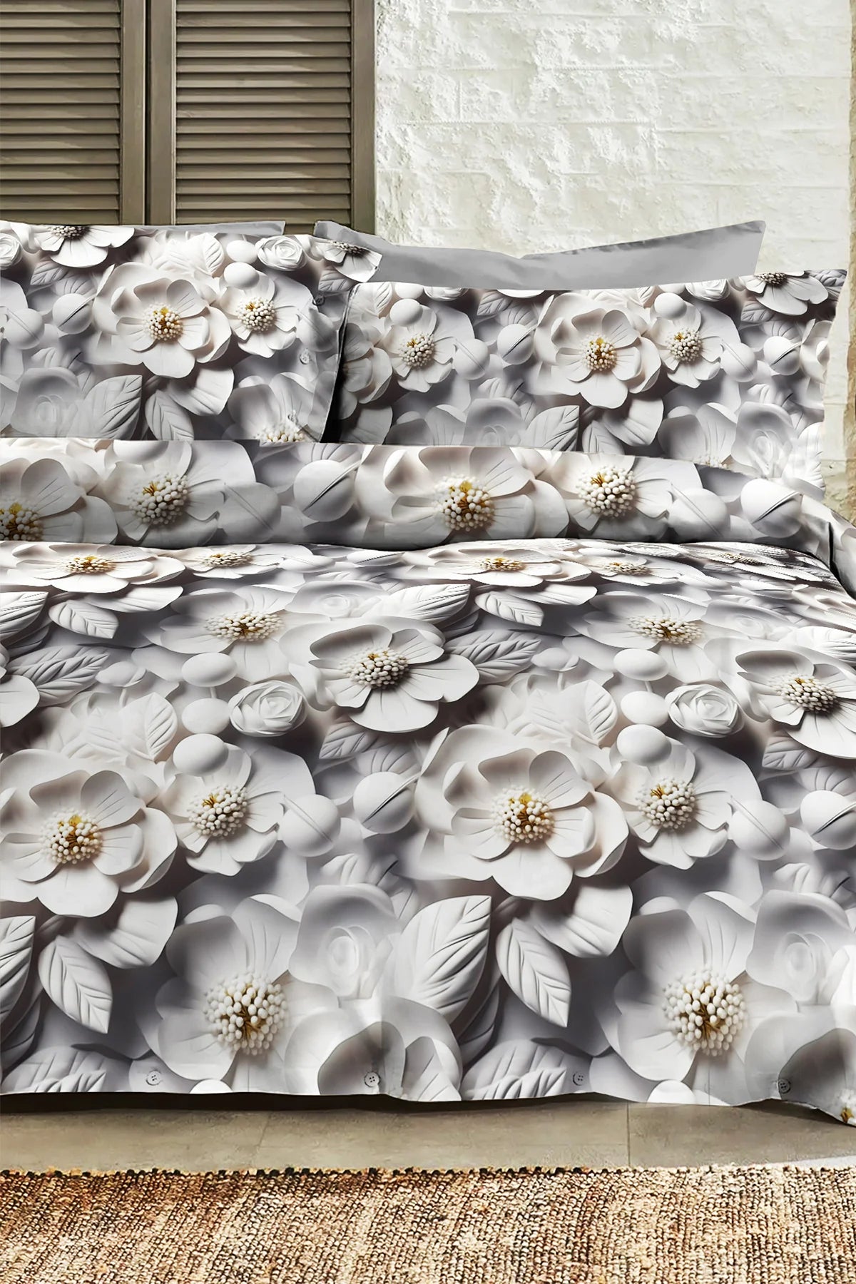 %100 Pamuk Percale Çeyizlik Luxury 5D Dijital Çift Kişilik Nevresim Takımı Gri