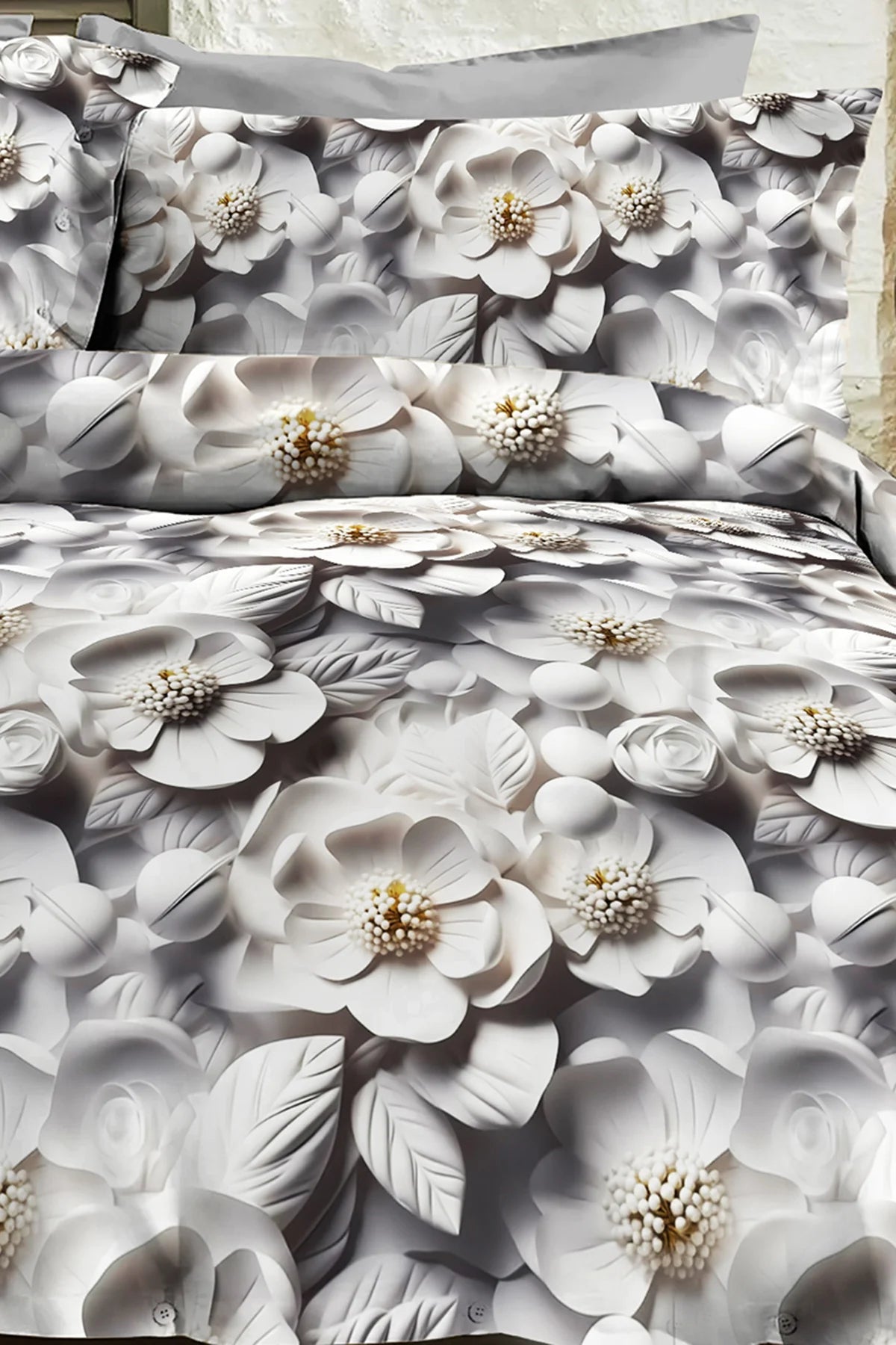 %100 Pamuk Percale Çeyizlik Luxury 5D Dijital Çift Kişilik Nevresim Takımı Gri