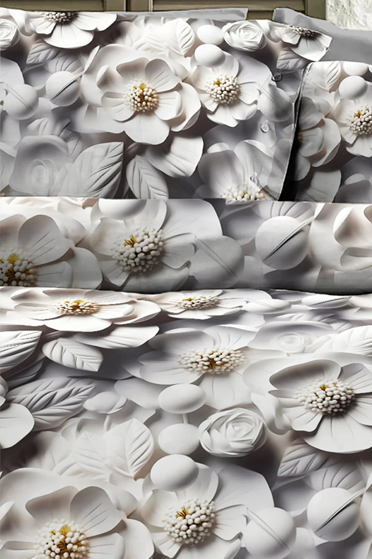%100 Pamuk Percale Çeyizlik Luxury 5D Dijital Çift Kişilik Nevresim Takımı Gri