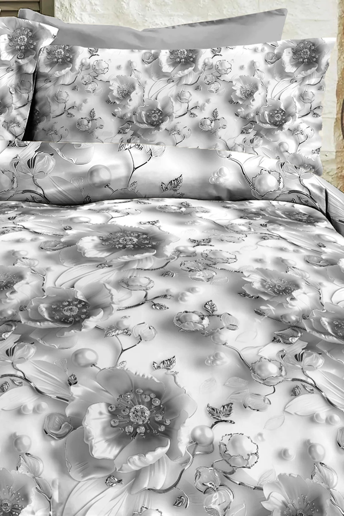 %100 Pamuk Percale Çeyizlik Luxury 5D Dijital Çift Kişilik Nevresim Takımı Gümüş