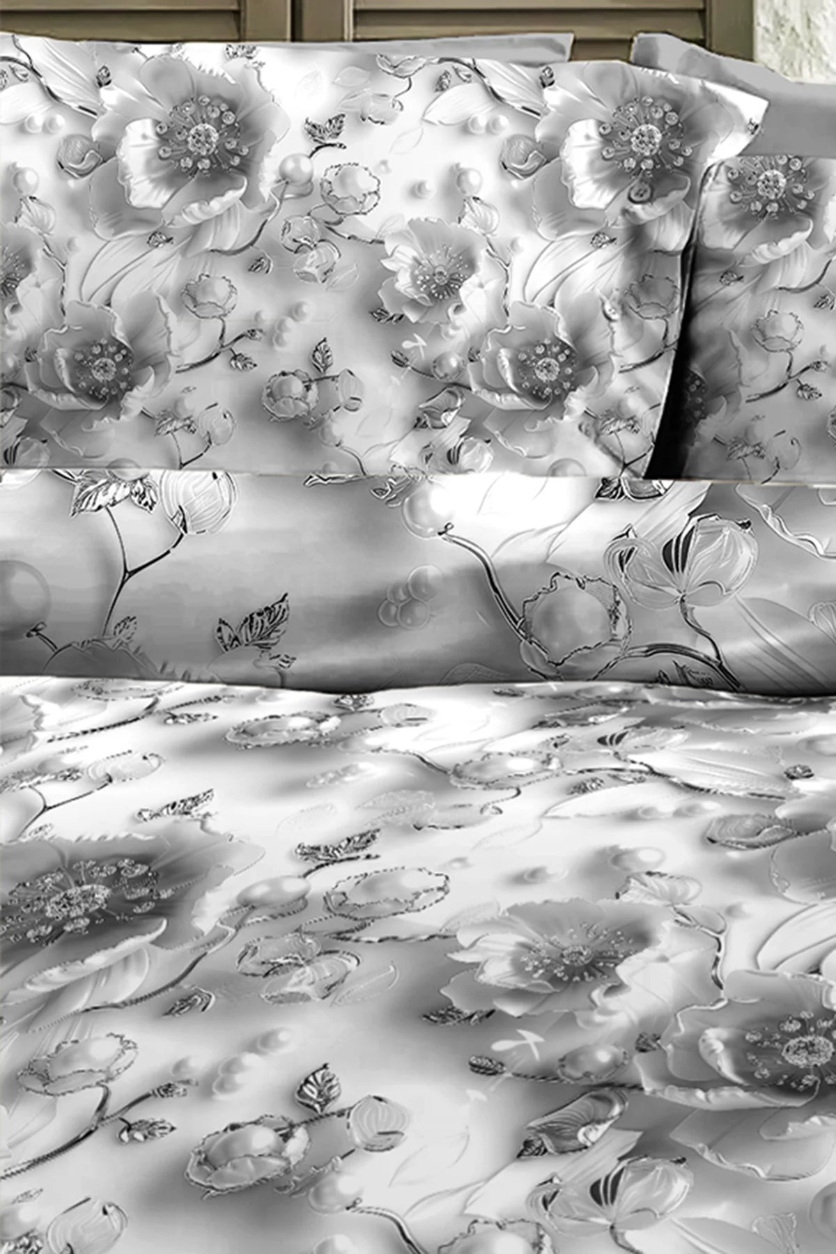 %100 Pamuk Percale Çeyizlik Luxury 5D Dijital Çift Kişilik Nevresim Takımı Gümüş