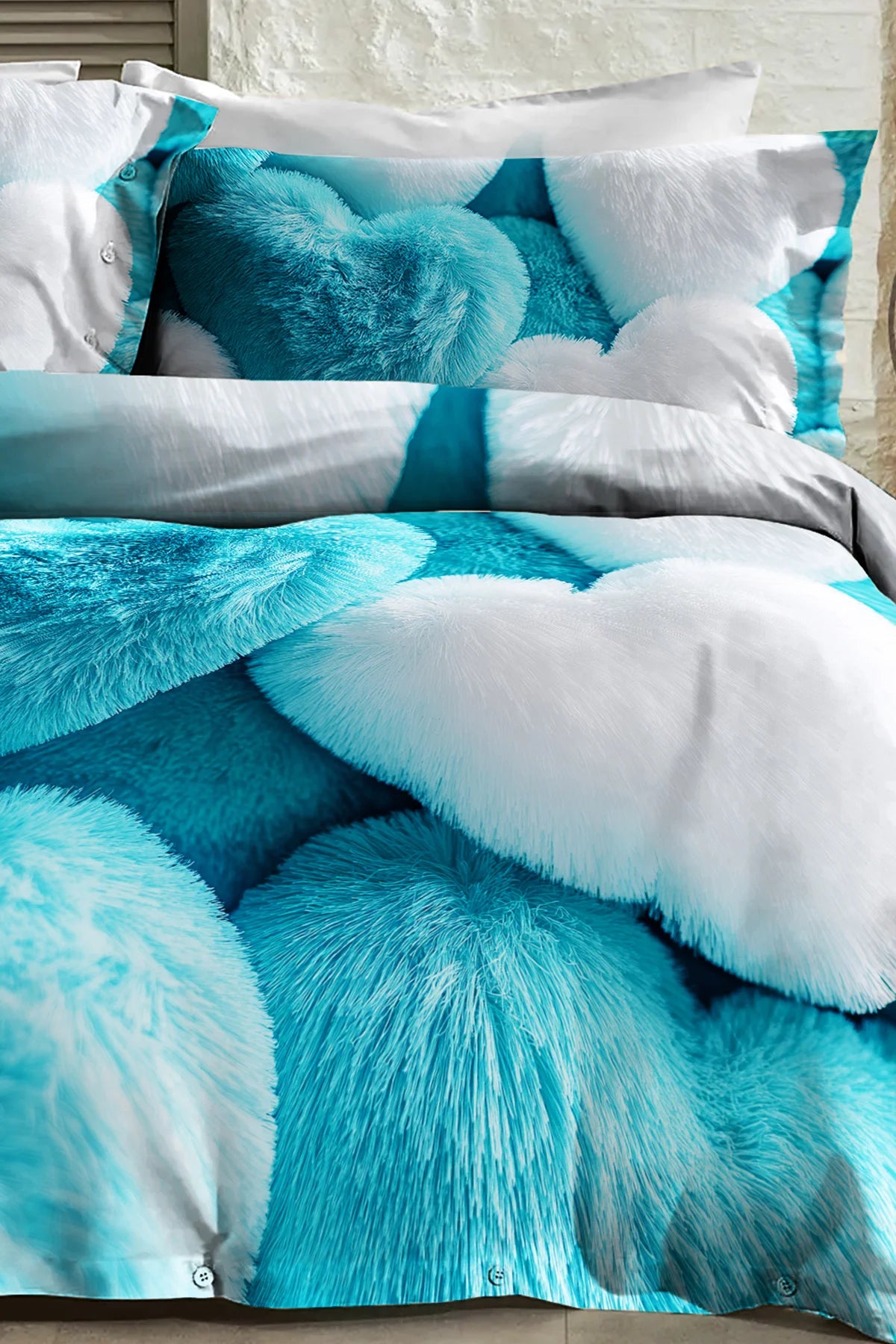 %100 Pamuk Percale Çeyizlik Luxury 5D Dijital Çift Kişilik Nevresim Takımı Hearts Of Fur