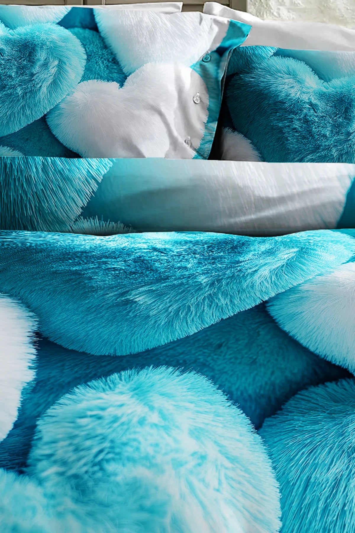 %100 Pamuk Percale Çeyizlik Luxury 5D Dijital Çift Kişilik Nevresim Takımı Hearts Of Fur
