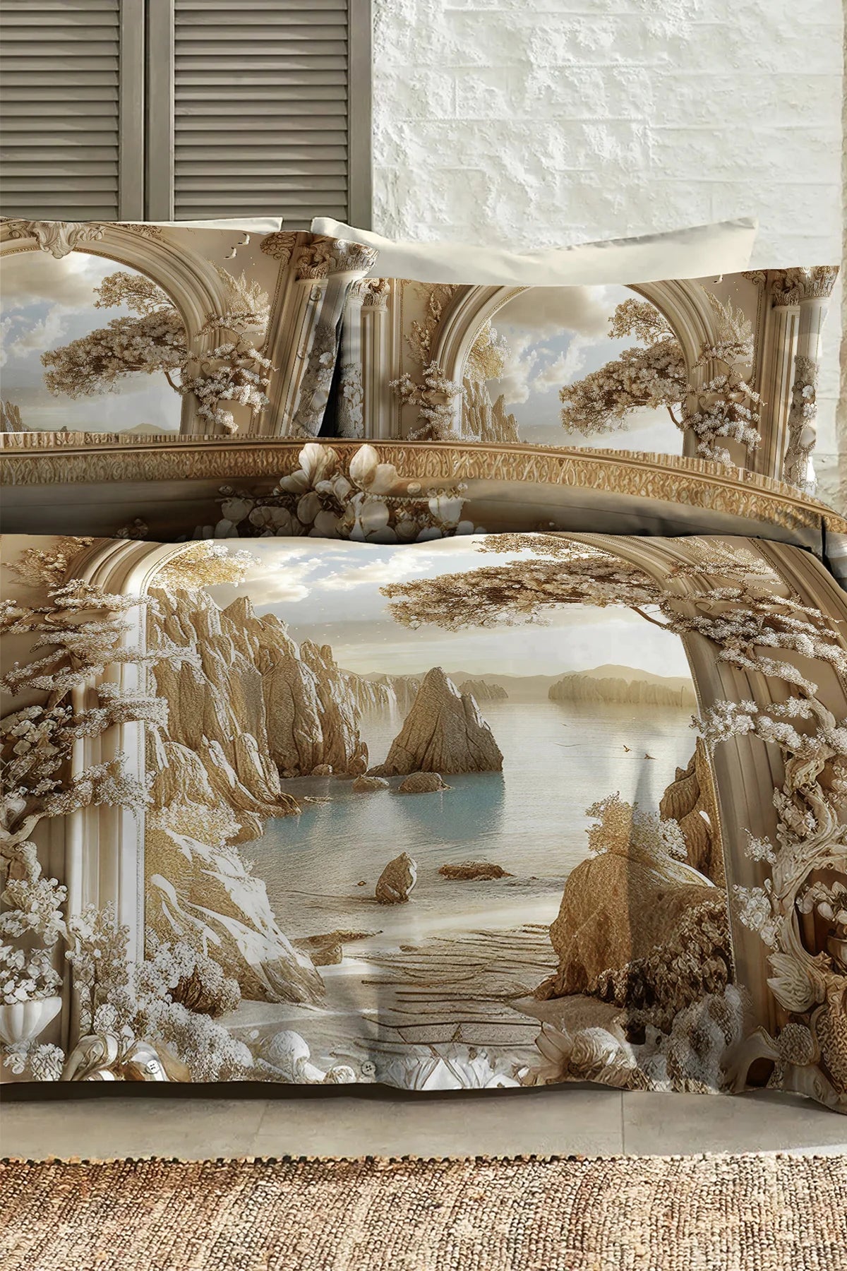 %100 Pamuk Percale Çeyizlik Luxury 5D Dijital Çift Kişilik Nevresim Takımı Kale