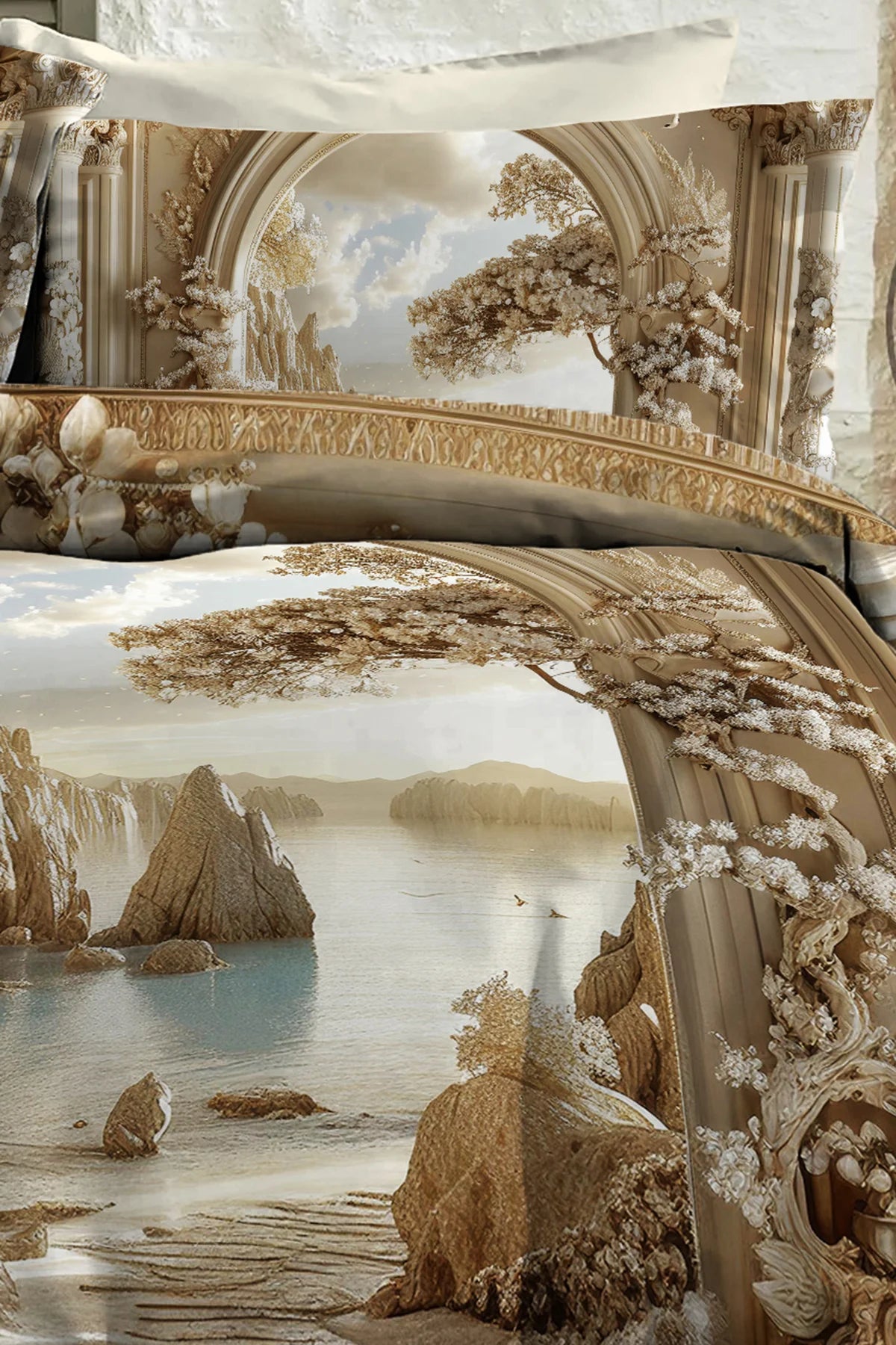 %100 Pamuk Percale Çeyizlik Luxury 5D Dijital Çift Kişilik Nevresim Takımı Kale