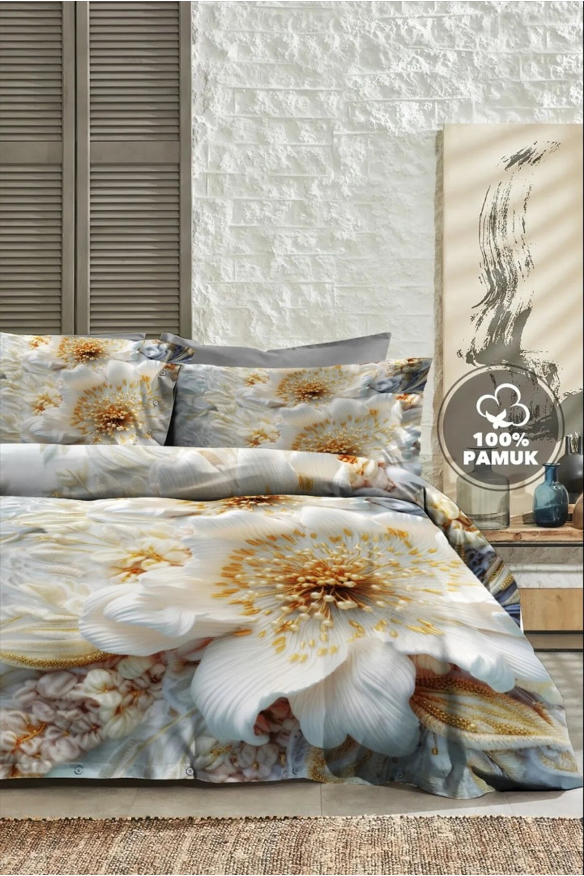 %100 Pamuk Percale Çeyizlik Luxury 5D Dijital Çift Kişilik Nevresim Takımı Orkide Örgüsü