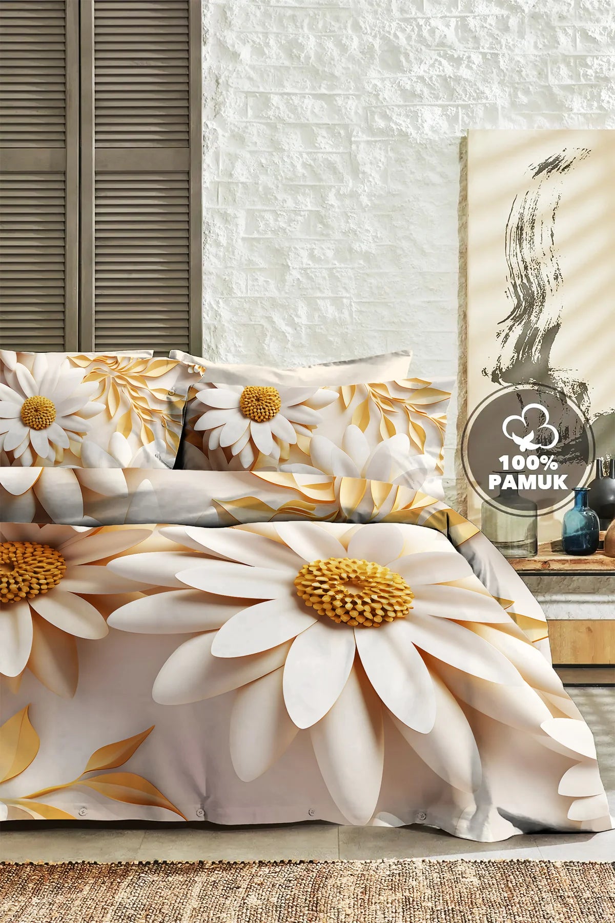 %100 Pamuk Percale Çeyizlik Luxury 5D Dijital Çift Kişilik Nevresim Takımı Papatya