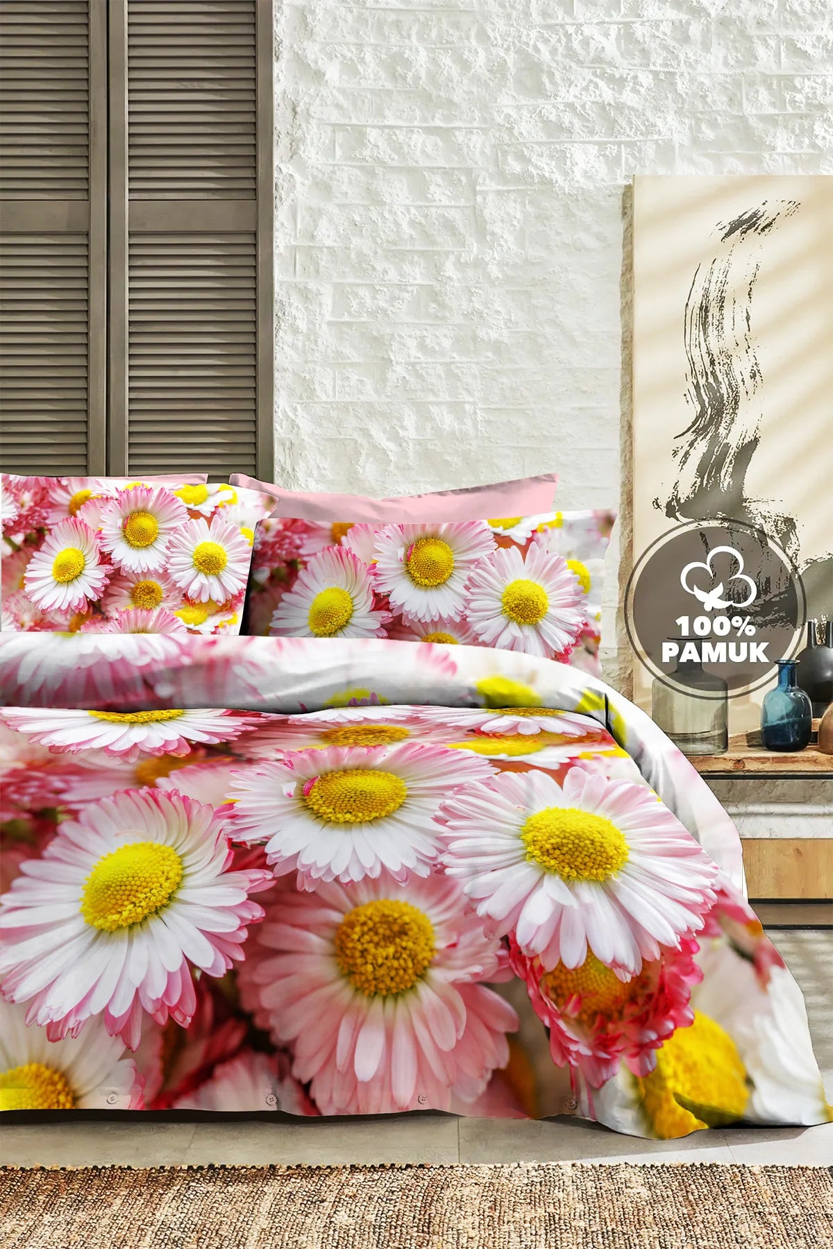 %100 Pamuk Percale Çeyizlik Luxury 5D Dijital Çift Kişilik Nevresim Takımı Papatya
