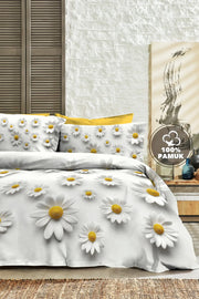 %100 Pamuk Percale Çeyizlik Luxury 5D Dijital Çift Kişilik Nevresim Takımı Papatya