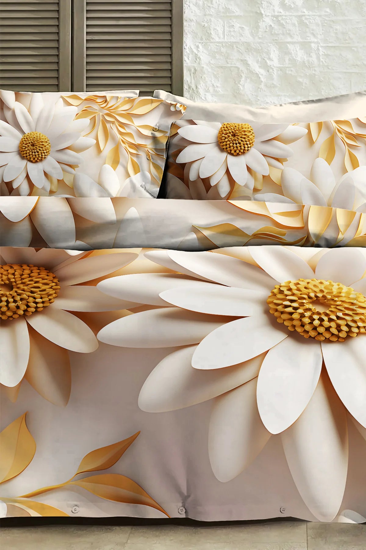 %100 Pamuk Percale Çeyizlik Luxury 5D Dijital Çift Kişilik Nevresim Takımı Papatya