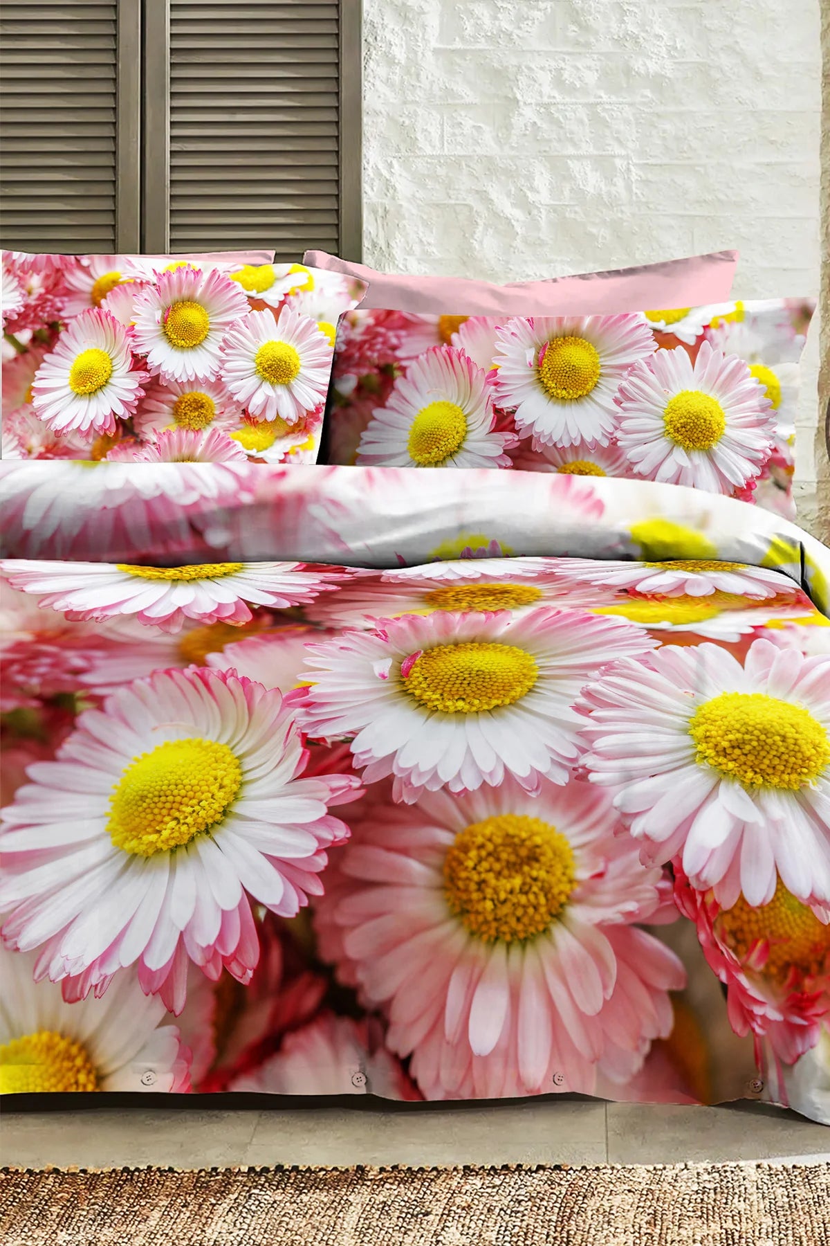 %100 Pamuk Percale Çeyizlik Luxury 5D Dijital Çift Kişilik Nevresim Takımı Papatya