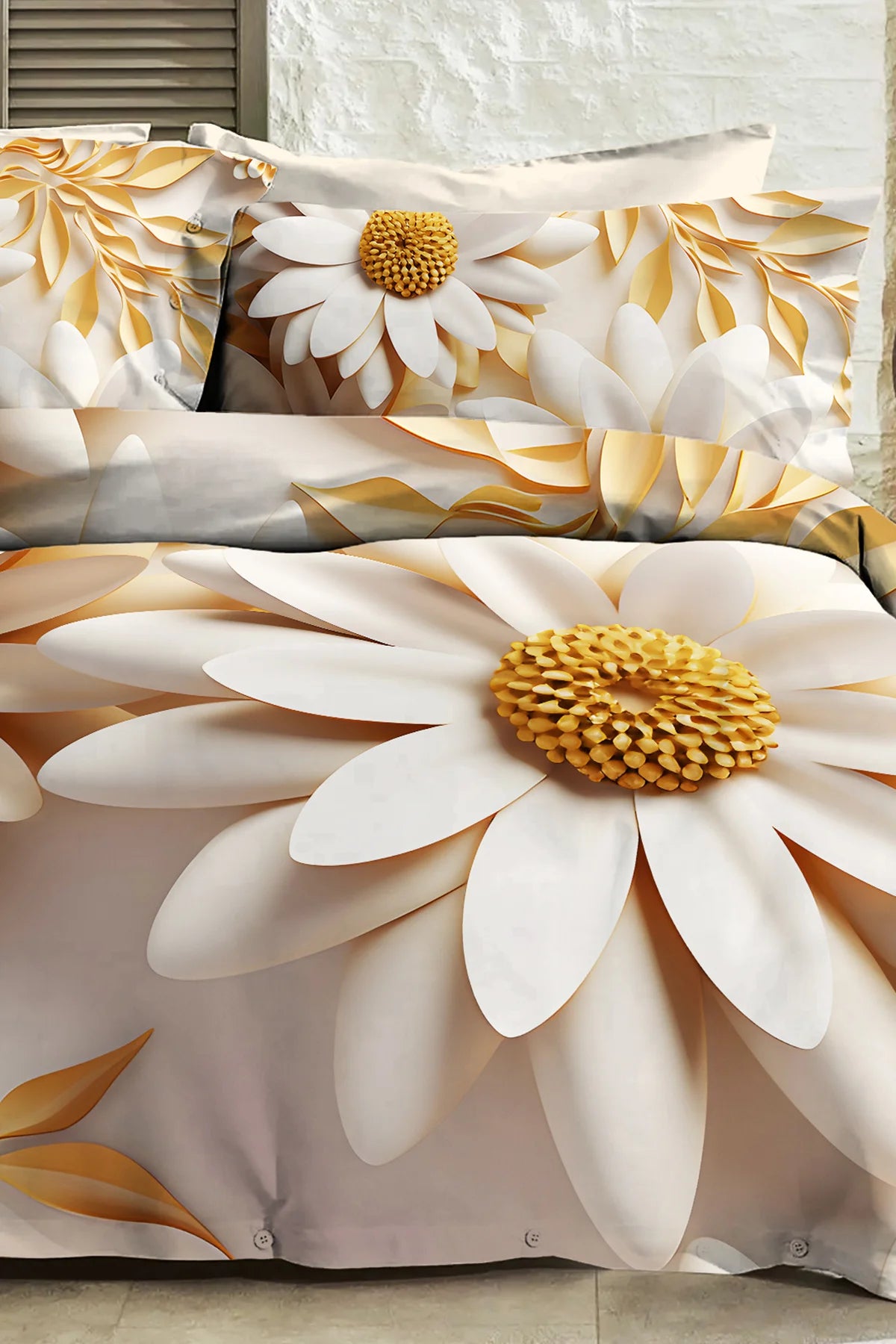 %100 Pamuk Percale Çeyizlik Luxury 5D Dijital Çift Kişilik Nevresim Takımı Papatya
